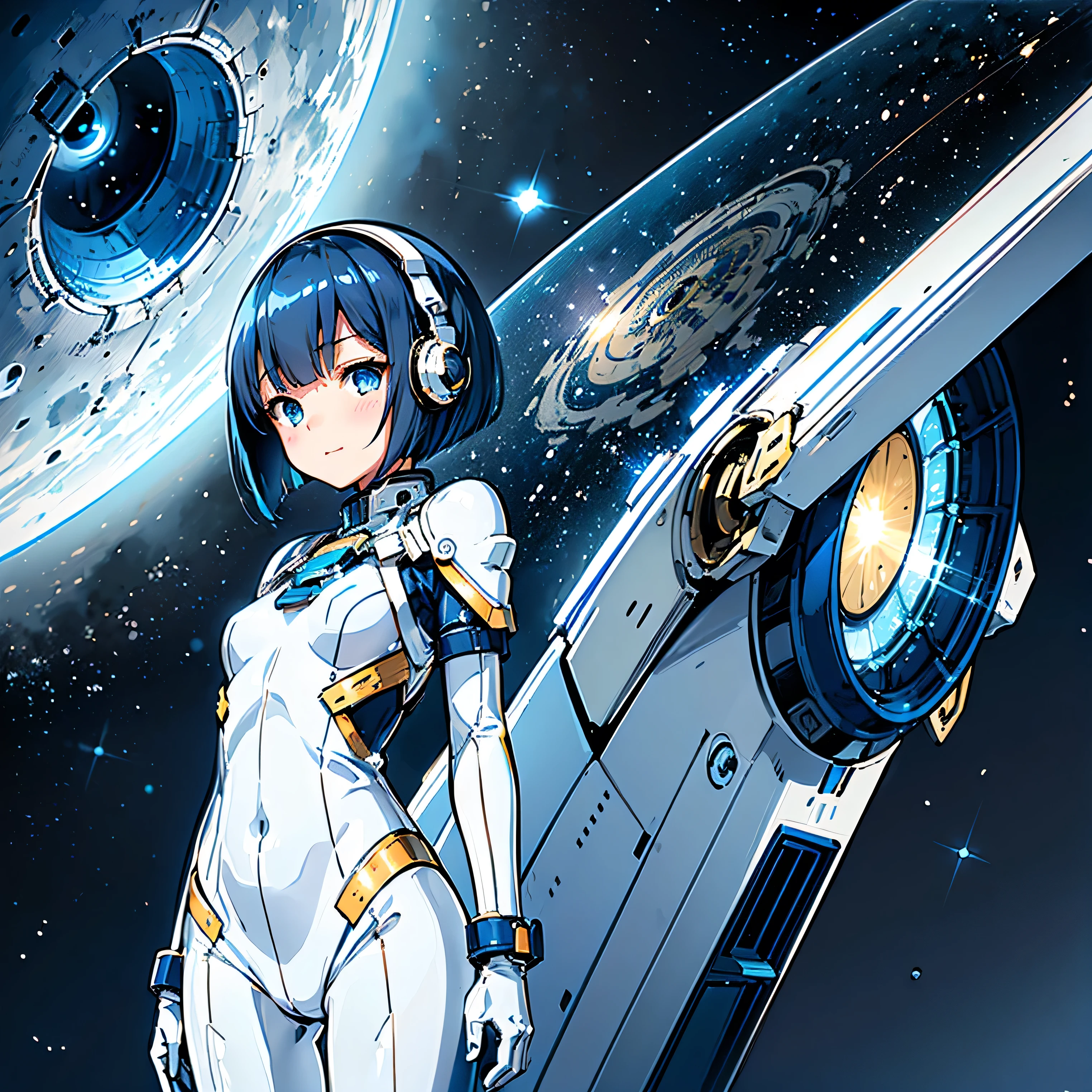 ( Masterpiece、top quality、 highest resolution、 Clear Images 、 Detailed Details ):(whole body、 20 year old girl、The Face of Japan、Small face、 slim、 dark blue super short bob cut hair 、(Hidden small breasts:1.3)、 Sparkling Blue Eyes 、white and navy blue shiny pilot suit、Chest protection armor、 tight clothes、whole bodyを覆うwhite and navy blue shiny pilot suit、魅力的なwhite and navy blue shiny pilot suit、 fitted pants 、肌を隠すwhite and navy blue shiny pilot suit、very delicate and beautiful、胸を隠すwhite and navy blue shiny pilot suit、肩を隠すwhite and navy blue shiny pilot suit、 detailed skin、太ももを隠すwhite and navy blue shiny pilot suit、お尻を隠すwhite and navy blue shiny pilot suit、 cute、 gentle smile、 kind expression、heroine、 headset、 long boots、 elbow length gloves 、Eye shot 、 peace talks between fighting factions 、attention arousal、Clever Blue Eyes 、straight face )、Spaceship、Moon in the background、 Galactic Clouds in the Background 、Meteor Shower、Meteor Shower、Saturn、Neptune、comet