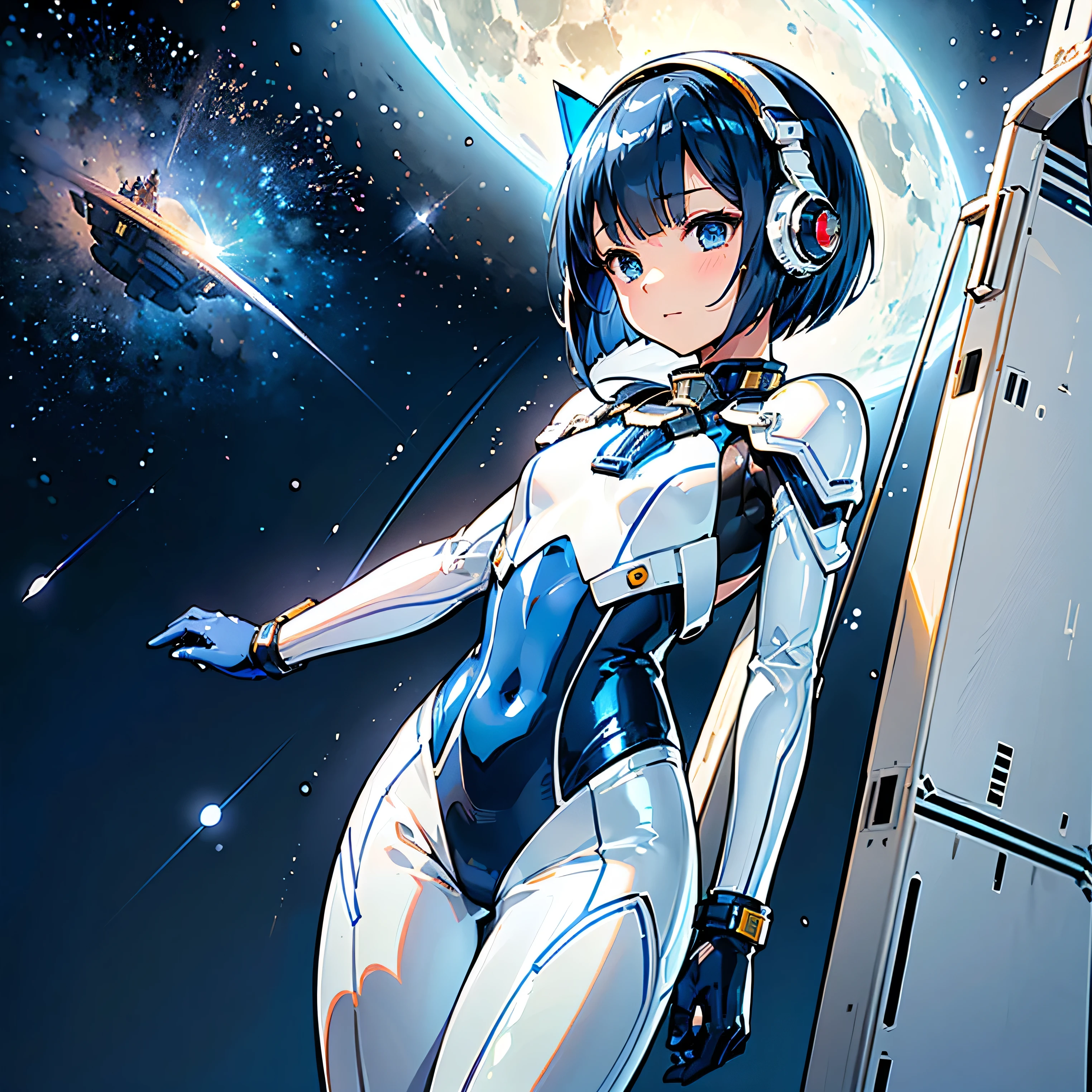 ( Masterpiece、top quality、 highest resolution、 Clear Images 、 Detailed Details ):(whole body、 20 year old girl、The Face of Japan、Small face、 slim、 dark blue super short bob cut hair 、(Hidden small breasts:1.3)、 Sparkling Blue Eyes 、white and navy blue shiny pilot suit、Chest protection armor、 tight clothes、whole bodyを覆うwhite and navy blue shiny pilot suit、魅力的なwhite and navy blue shiny pilot suit、 fitted pants 、肌を隠すwhite and navy blue shiny pilot suit、very delicate and beautiful、胸を隠すwhite and navy blue shiny pilot suit、肩を隠すwhite and navy blue shiny pilot suit、 detailed skin、太ももを隠すwhite and navy blue shiny pilot suit、お尻を隠すwhite and navy blue shiny pilot suit、 cute、 gentle smile、 kind expression、heroine、 headset、 long boots、 elbow length gloves 、Eye shot 、 peace talks between fighting factions 、attention arousal、Clever Blue Eyes 、straight face )、Spaceship、Moon in the background、 Galactic Clouds in the Background 、Meteor Shower、Meteor Shower、Saturn、Neptune、comet