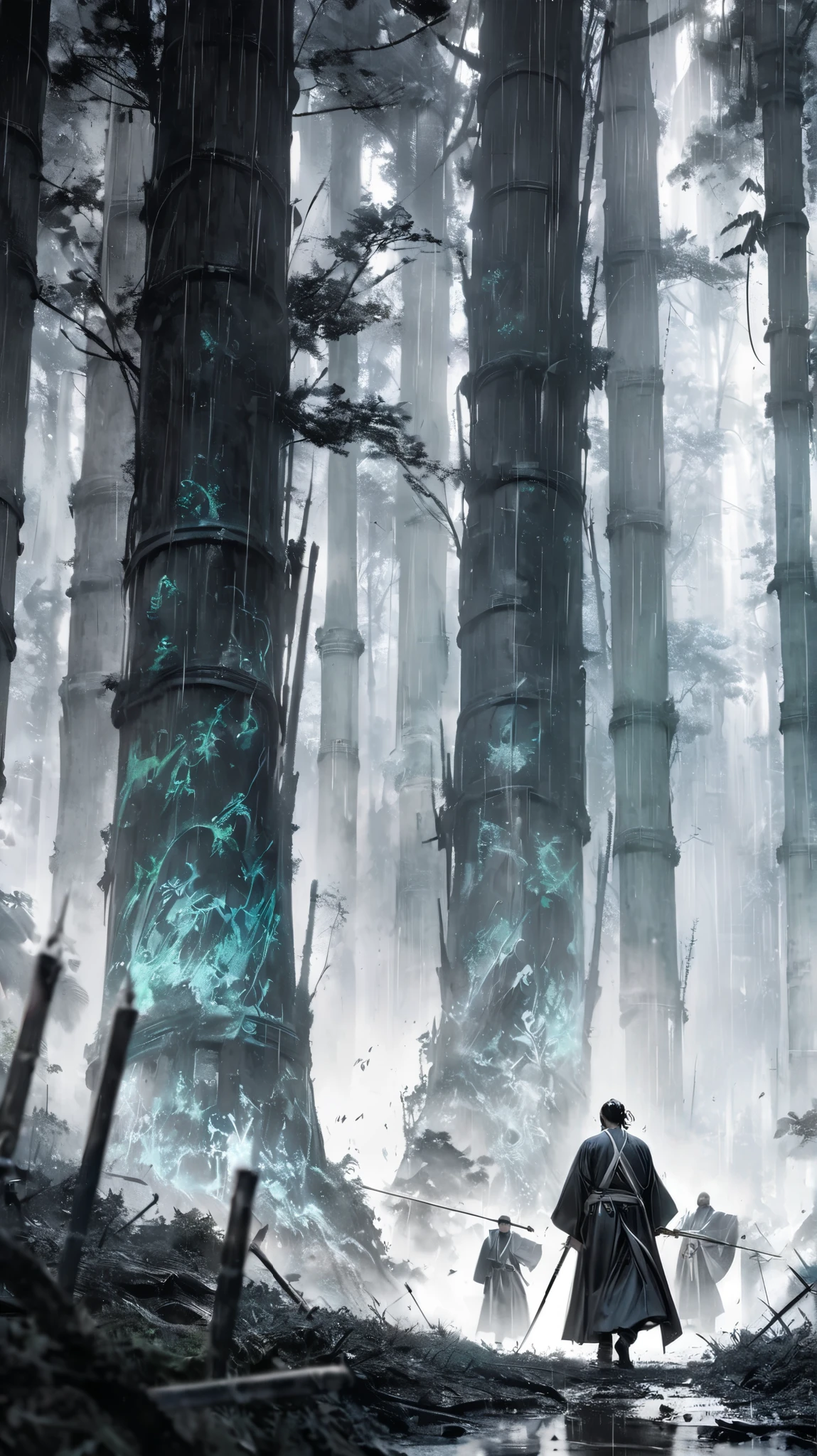(Masterpiece)),(Best Quality)),Distant Scenery,Swords Sticking in the Ground, Bamboo Forest,Rain,A Young Taoist Priest,Infinite Sword System, Facing the Enemy,Luminous Effect,Surrealistic,Hyperrealistic,Chinese Black and White Ink Style,Black and White,Color Wash,Smudge,Ink,8K,Super Smooth,High Quality,OC Renderer