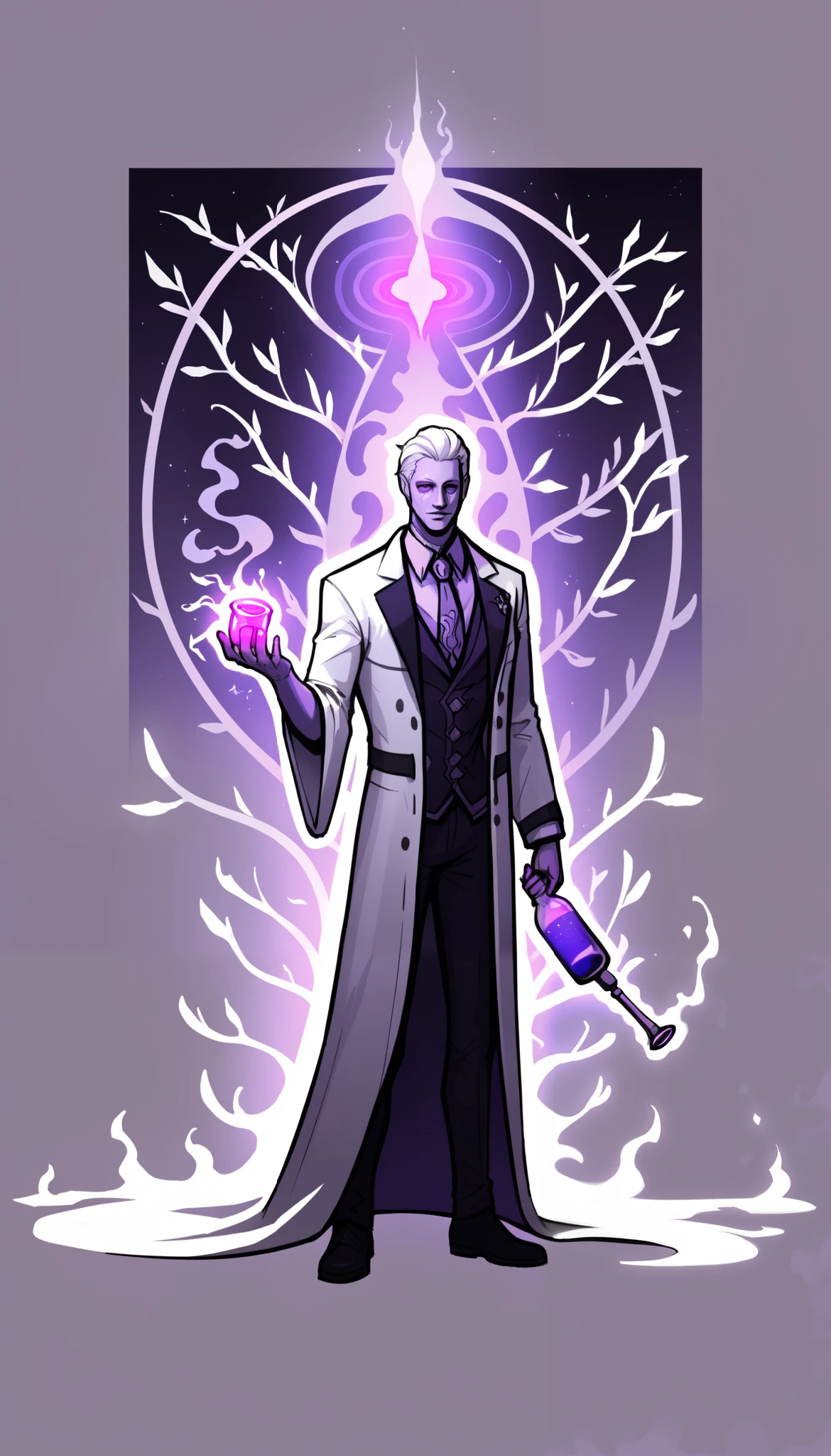 A magician wearing a white robe,The robe has silver embroidery and a faint glow, Has a Cold Face , sharp eyesight ,Hand held glowing pill bottle,standing in a dark laboratory,surrounded by vines and dilapidated books,Dark fantasy style ,dark purple with black tones,The white coat is particularly conspicuous in the dark, Strong light and shadow contrast ,Mysterious light and shadow effects,fluorescent liquid flowing, full of smoke, magic particle effect ,realistic photo-level detail, 8k resolution