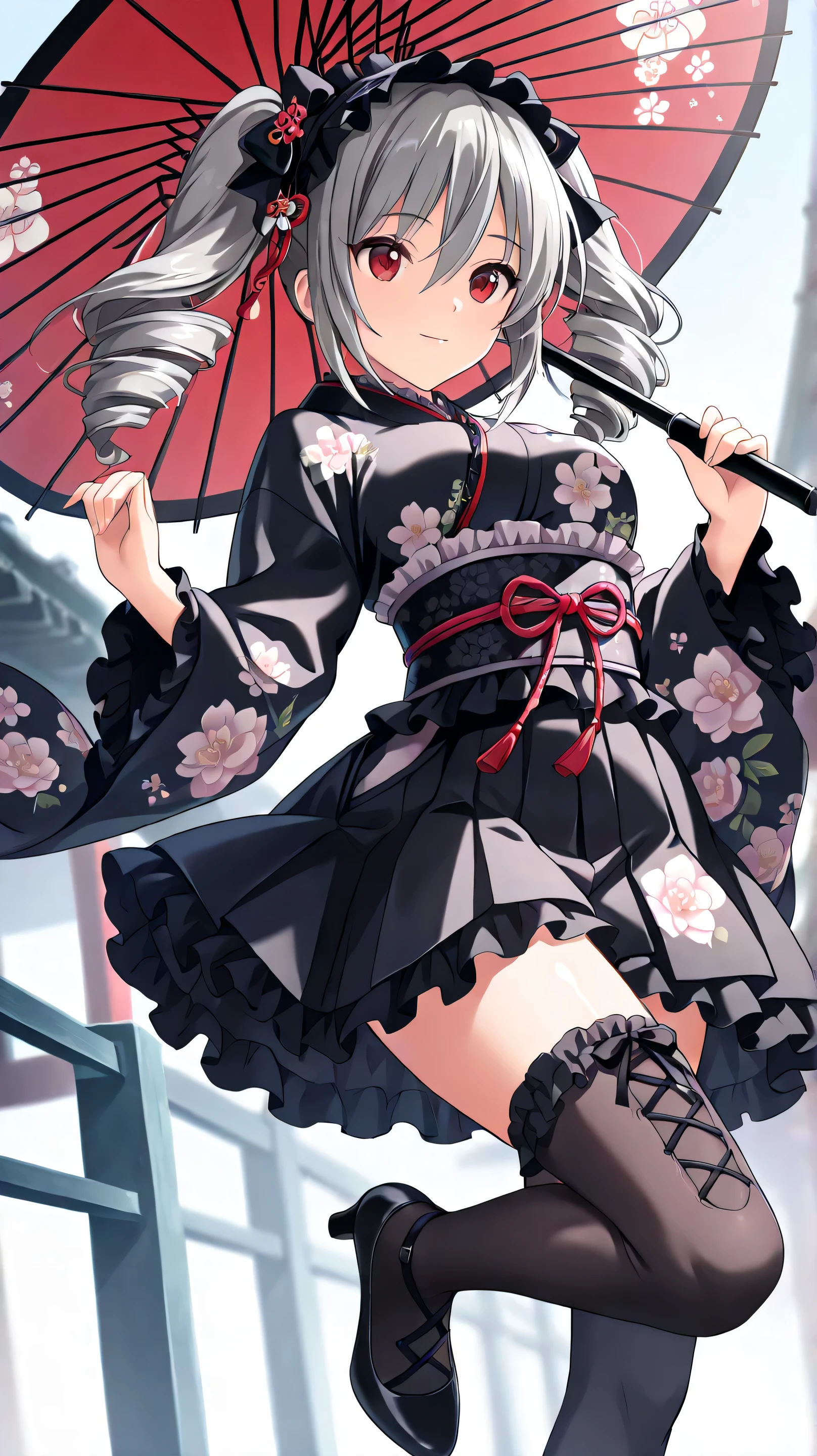 ((correct_anatomy)),((detailed eyes)),((high_quality)), ((Super_Detailed)), ((Best Quality)),((score_9, source_anime)), very aesthetic, absurdres, solo,  knzkrnk, long hair, grey hair, sidelocks, twintails, drill hair, twin drills, bangs, hair between eyes, hair ornament, hair bow, red eyes, medium breasts, light smile, [kimono clothes,ta fashion],wide sleeves,floral print,skirt,ribbons,frills,laces,lolieaddress,kimono ornament,thighhighs,pumps, holding Japanese umbrella, (fix umbrella), (dynamic angle),(depth of field), Shiny skin,(HDR,UHD, 4k, 8K, best quality ,masterpiece), 