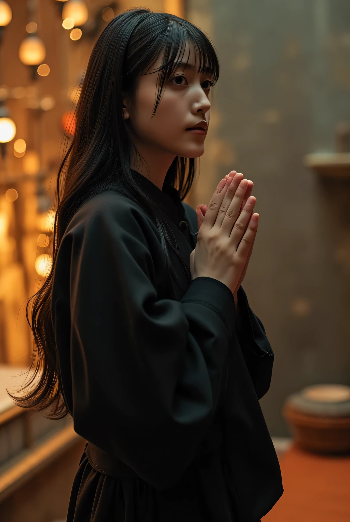 (((A blind monk playing a biwa :2.0))),(((pray:2.0()),((((A monk's kesa-style military coat with an open front on a:2.0)))),(((boatswain: Temple of the Wind :2.0))),((( HR Gigger Style Cyberpunk Atmosphere :2.0))),((whole body:2.0)), one woman,( cute face),(Beautiful well-balanced face ),( natural big breasted :1.5),( black hair:1.5), glamorous shot of a 20 year old Japanese woman , Slender Beautiful Body ,(( model body type:2.0)),(( slim body with hot water:1.7)), perfect body line , ideal proportions ,( big breasts:1.5),Bare thighs, sensual thighs, delicate body,( Muscular:1.7),A harmonious posture,(Realistic breast depiction :1.7), carefully depict limbs based on perfect anatomy,((Wear a samurai kimono-style military coat with an open front over a black super high-leg leotard :1.5)),((a super high leg leotard made of fitted cammie-style latex:1.5)),((A black futuristic monk's mansion with an open front over a leotard:1.5)), concept art ,(top quality:1.5),( Masterpiece:1.5),(超高resolution),resolution,UHD,( delicate depiction), carefully drawn with butterfly wings ,32K,((realistic skin texture:1.5)),((( Super realistic :1.5))), eyelashes,very detailed face,Highly detailed female hand,Sexy appearance,Very sensual,(Blurry Dim Backgrounds :1.5), professional photography,( Movie Lighting:2.0),(( Blade Runner Style Lights :2.0))