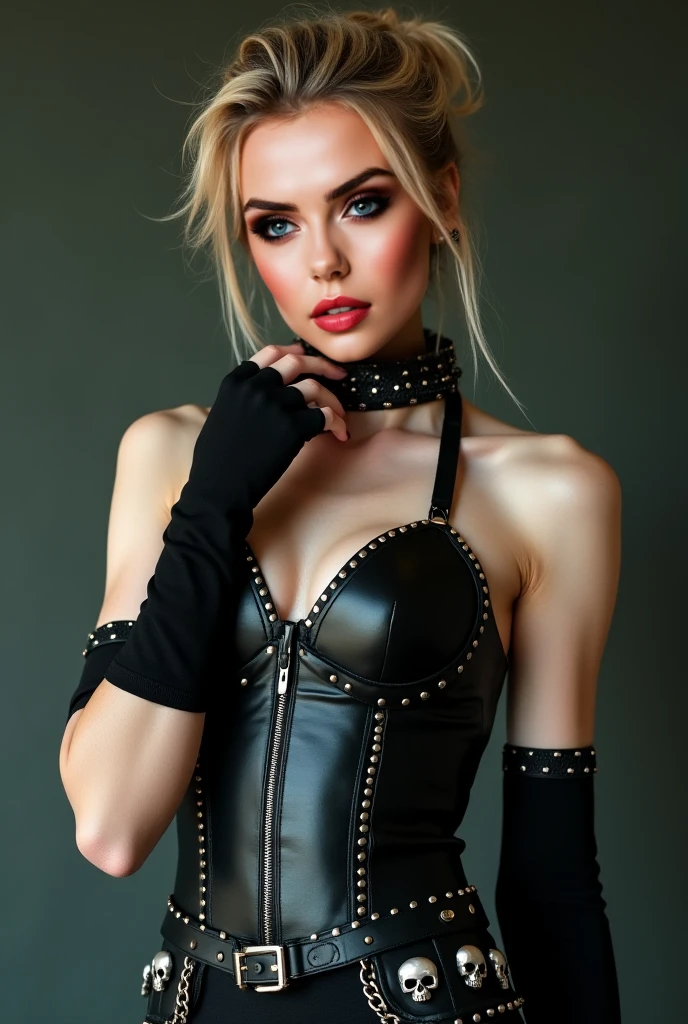 sexy stunning slim woman, dominatrix, bdsm, leather outfit, crop top, blonde hair, dynamic pose, dark dungeon scene,subtle shadows and highlights,dramatic lighting,strong contrast,provocative atmosphere, erotic tension,vivid colors,infused with sexuality,sensual and empowering,unconventional beauty,sharp focus,subtle facial expressions, photo, realistic, full body shot,