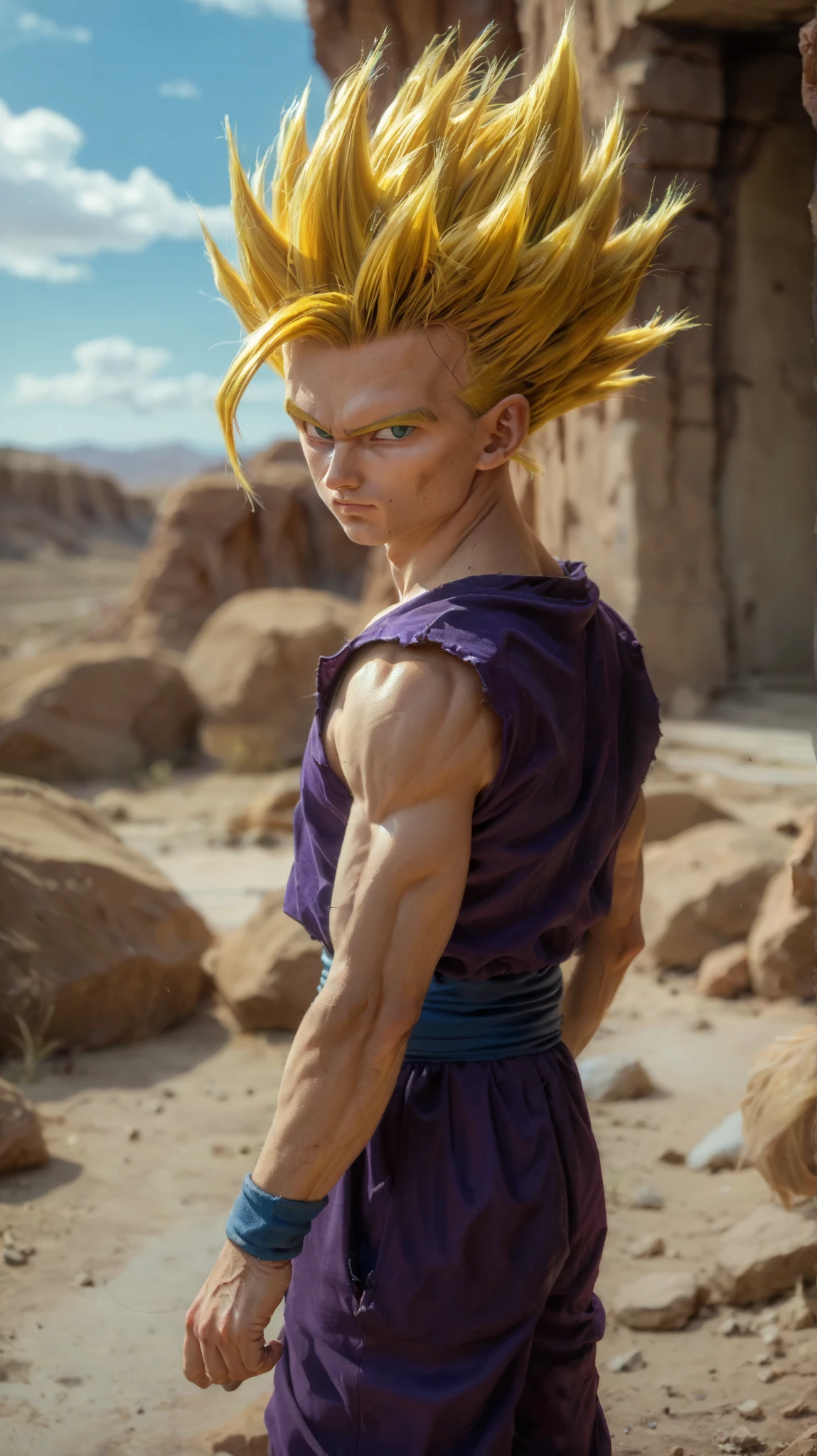score_9, score_8_up, score_7_up,source_anime, rating_safe, ((Solo:1.3)),portrait,( a boy in desert:1.0),round iris,(Style:1.2),(Ssj2,Purpleclothes:1.0) looking camera,graass, (slim:1.5)neolight, yellow hair