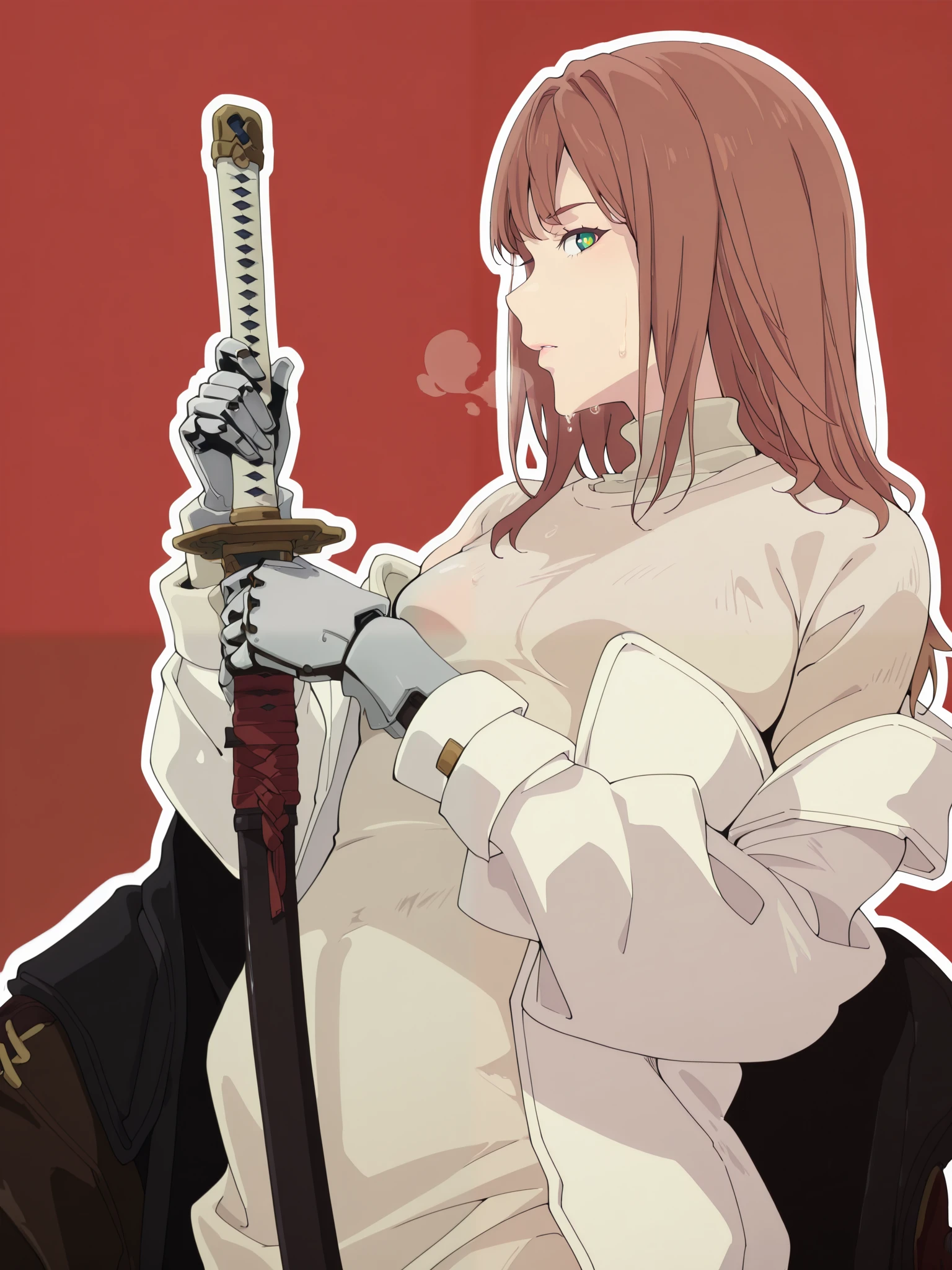 (boingoo yin-style:1.4), (Luxu-style:1.2), anime coloring, anime screencap, masterpiece, high quality, absurdres, best quality, very aesthetic, newest, anatomical correct, HD, 4K, digital art, trending on DeviantArt, gasping, heavy breathing, excessive sweating, sweating, sweating profusely, gasping profusely, cinematic, ((skindentation)), ((voluptuous)), ume minami,brown hair,long hair,green eyes, ((small breasts)), ager, bright pupils, (anterdel-style), 1girl, weapon, solo, sword, red_background, katana, holding_weapon, holding, simple_background, ear_piercing, sheath, holding_sword, mechanical_arms, profile, from_side, sheathed, looking_at_viewer, cyborg, white jacket, sweater dress, off shoulder, black short, ((white outline)), ((plump))