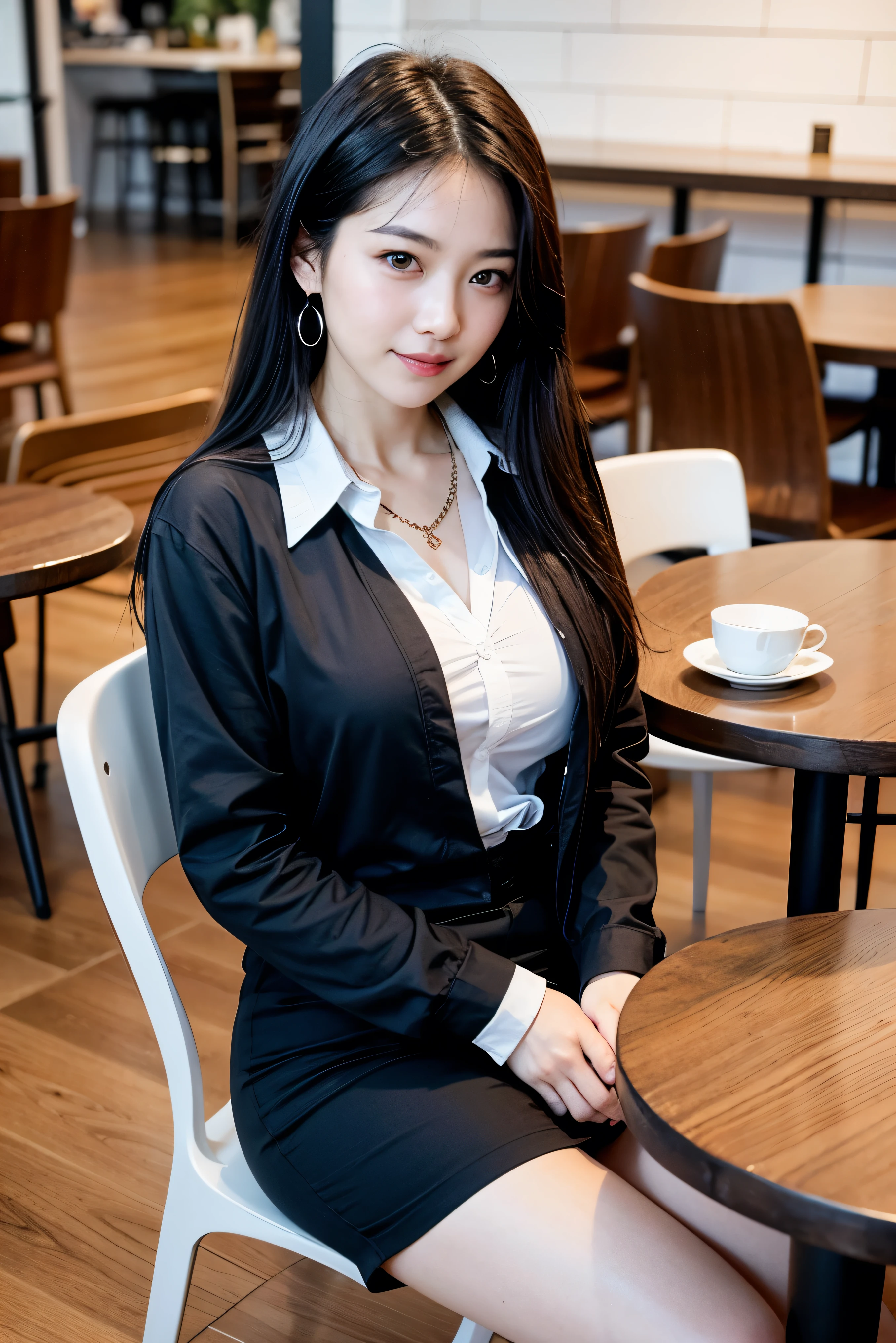 There is a woman sitting at a table with a cup of coffee - SeaArt AI