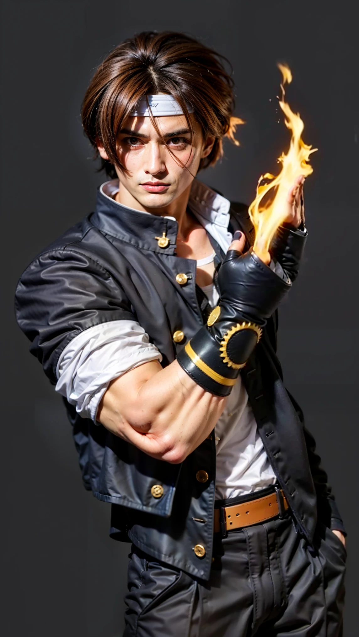 Make this character a real person,faithful to the original image, He's Japanese, Wear a white headband, Japan street background, sunny morning