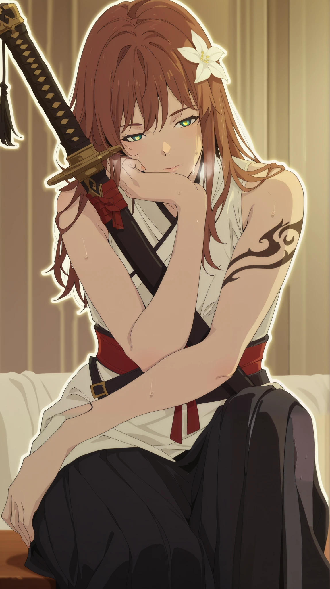 (boingoo yin-style:1.4), (Luxu-style:1.2), anime coloring, anime screencap, masterpiece, high quality, absurdres, best quality, very aesthetic, newest, anatomical correct, HD, 4K, digital art, trending on DeviantArt, gasping, heavy breathing, excessive sweating, sweating, sweating profusely, gasping profusely, cinematic, ((skindentation)), ((voluptuous)), ume minami,brown hair,long hair,green eyes, ((small breasts)), ager, bright pupils, (anterdel-style), 1girl, weapon, solo, sword, tattoo, hair_flower, flower, katana, sitting, looking_at_viewer, arm_tattoo, bare_shoulders, head_rest, sheathed, closed_mouth, sheath, japanese_clothes, sleeveless, white_flower, half-closed eyes, ((white outline)), ((plump))