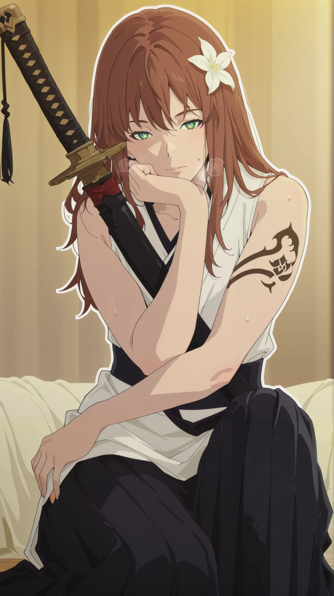 (boingoo yin-style:1.4), (Luxu-style:1.2), anime coloring, anime screencap, masterpiece, high quality, absurdres, best quality, very aesthetic, newest, anatomical correct, HD, 4K, digital art, trending on DeviantArt, gasping, heavy breathing, excessive sweating, sweating, sweating profusely, gasping profusely, cinematic, ((skindentation)), ((voluptuous)), ume minami,brown hair,long hair,green eyes, ((small breasts)), ager, bright pupils, (anterdel-style), 1girl, weapon, solo, sword, tattoo, hair_flower, flower, katana, sitting, looking_at_viewer, arm_tattoo, bare_shoulders, head_rest, sheathed, closed_mouth, sheath, japanese_clothes, sleeveless, white_flower, half-closed eyes, ((white outline)), ((plump))