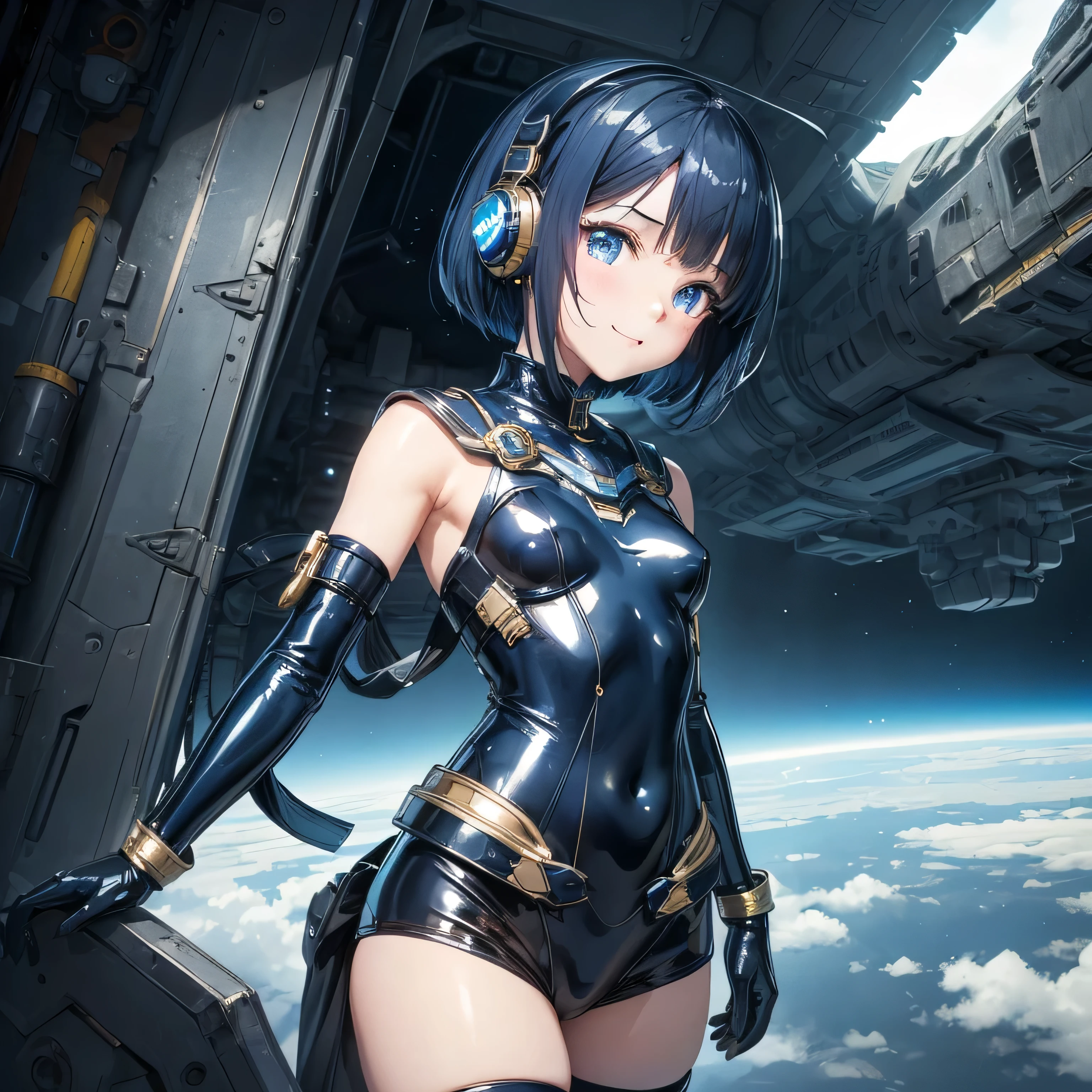 (masterpiece、highest quality、Highest Resolution、clear_image、Detailed explanation、Top view): (Full body portrait、One 20 year old girl、The Face of Japan、Small face、thin、Navy blue super short bob cut hair、(Hidden Small:1.3)、Sparkling blue eyes、Blue and black shiny pilot suit、Armor to protect the chest、Tight fitting clothes、Clothing that covers the entire body、Shiny clothes、Tight Fit Pants、Hide your skin、Very delicate and beautiful、Detailed skin、hide thighs、Hide your ass、Cute type、A kind smile、Soft look、heroine、headset、Knee-high boots、Elbow-length gloves、Eye-level shot、Facing forward、Woman on a spaceship)