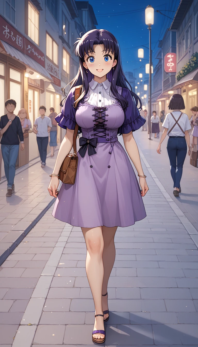 Anime girl in a purple dress walking down the street at night - SeaArt AI