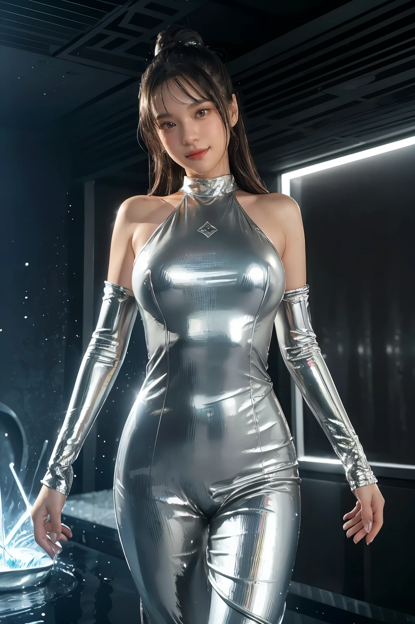 whole body像,(((Perfect girly photo shoot))), ((荧光Cyberpunk极长卷发)), Best image quality, masterpiece, Ultra-high resolution, (Honesty:1.4), photo, (((1 girl))) dim, dark, , (半透明的Futuristic黑色服装和服饰:1.5), (Translucent clothing:1.4), ((Cyberpunk)), Web clothing, (()), Revelation, Futuristic, (((Extra large hanging breasts))), ((Perfect and distinct facial features)), ((portrait)), (((Dynamic shots))), ((Perfect body)), ((屡获殊荣的超逼真photo)), (((Extremely tight reflective translucent latex))), Pastel textured colored background, rich and colorful, energetic, ((Gorgeous Perfect Color Reflective Eyes)), (Spherical flying )), ((Soap and foam))Top quality, masterpiece, Ultra-high resolution, (photorealistic: 1.4), RAW photo, 1 Cyberpunk Girl, Smooth and radiant skin, 1 mechanical girl, (Surreal detailed)), (((whole body照))), Global Illumination, Compared, shadow, Octane Rendering, 8K, Super sharp, Rawhide, metal, Exquisite decorative details, Japan Details, very intricate details, Realistic lighting, CG social trends, face camera, Neon light details, Mechanical limbs, Blood vessels connected to the tubes, Mechanical vertebrae attached to the back, Cervical spine mechanical fixation in the neck, Wires and cables to the head, Gundam, small LED light.(RAW photo:1.2),Camel toe,Pink latex bodysuit,Hollow,Holt Collar, latex shiny,Tight Fit,Sweaty legs,, Pink body, wearing atsuko kudo Latex clothing, 穿着Tight Fit衣, Smooth pink skin, Tight Fit连衣裤, wearing latex, Shiny塑料, shiny metallic glossy skin, Pink light color, Latex clothing, 镀铬Tight Fit衣, Cyberpunk光泽乳胶套装, Shiny, Futuristic光泽乳胶套装,spread legs,Angry expression,depressed,angry, whole body,whole body像,