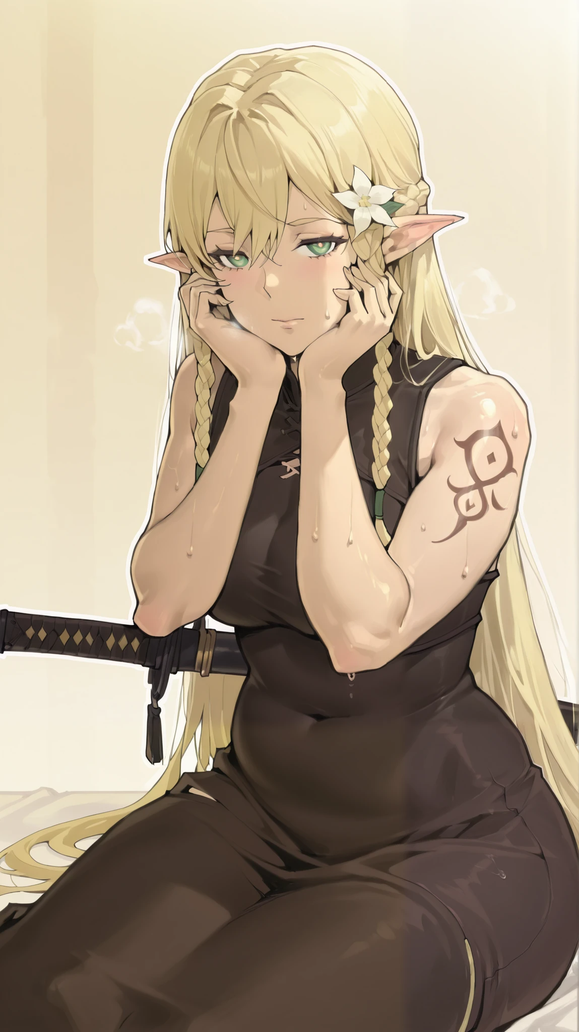 (boingoo yin-style:1.4), (Luxu-style:1.2), anime coloring, anime screencap, masterpiece, high quality, absurdres, best quality, very aesthetic, newest, anatomical correct, HD, 4K, digital art, trending on DeviantArt, gasping, heavy breathing, excessive sweating, sweating, sweating profusely, gasping profusely, cinematic, ((skindentation)), ((voluptuous)), eltolindeill,elf,green eyes,pointy ears,blonde hair,very long hair,braid,twin braids,hair between eyes, bright pupils, (anterdel-style), 1girl, weapon, solo, sword, tattoo, hair_flower, flower, katana, sitting, looking_at_viewer, arm_tattoo, bare_shoulders, head_rest, sheathed, closed_mouth, sheath, japanese_clothes, sleeveless, white_flower, half-closed eyes, ((white outline)), ((plump))