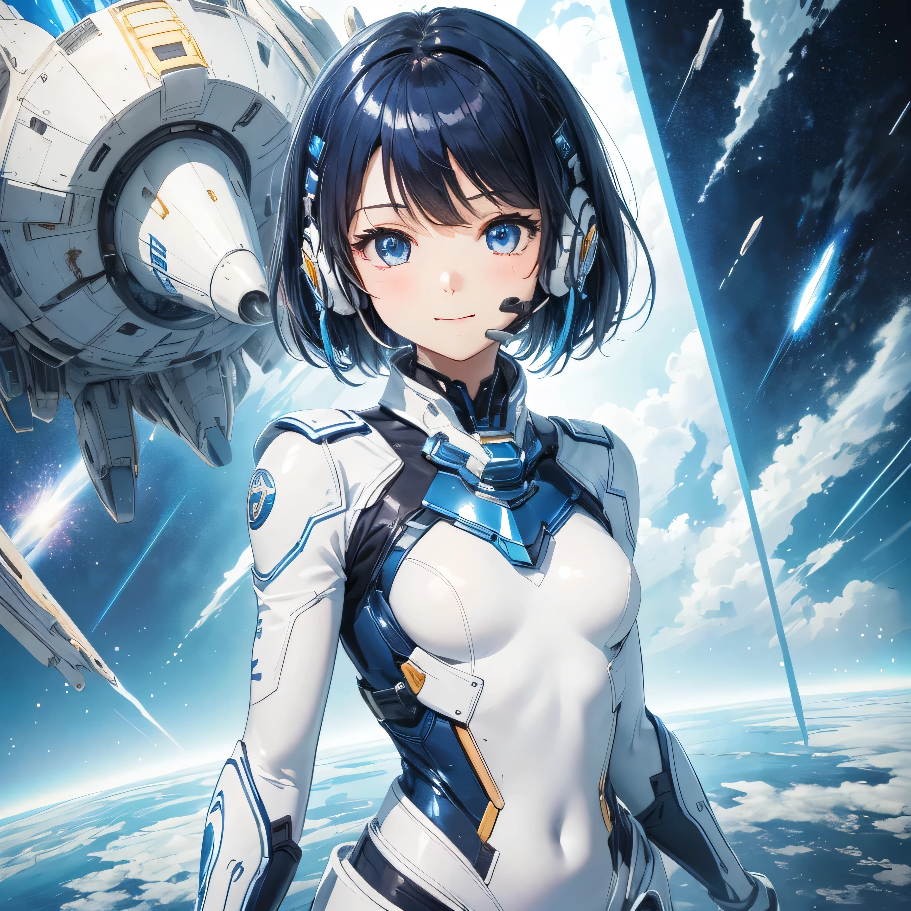 ( masterpiece、top quality、 highest resolution、 clear _  bilder 、 Detailed Details 、 angle): (whole body、 20 year old girl、The Face of Japan、Small face、slender、Navy Blue Super Bob Cut hair、(Hidden small breasts:1.3)、 Sparkling Blue Eyes 、blue and white shiny pilot suit、blue and white shiny chest protective armor、 blue and white shiny tight fit clothes、blue and white shiny clothes that cover the whole body、Blue and white shiny、Blue and white shiny tight fit pants、Blue and white shiny bodysuit、very delicate and beautiful、Blue and white shiny pants that hide thighs、blue and white shiny pants that hide hips、 cute、kind smiles、A soft look、heroine、 headset、  knee-high boots、  elbow length gloves  、 Glance Shot 、Face straight、Spaceship Woman )