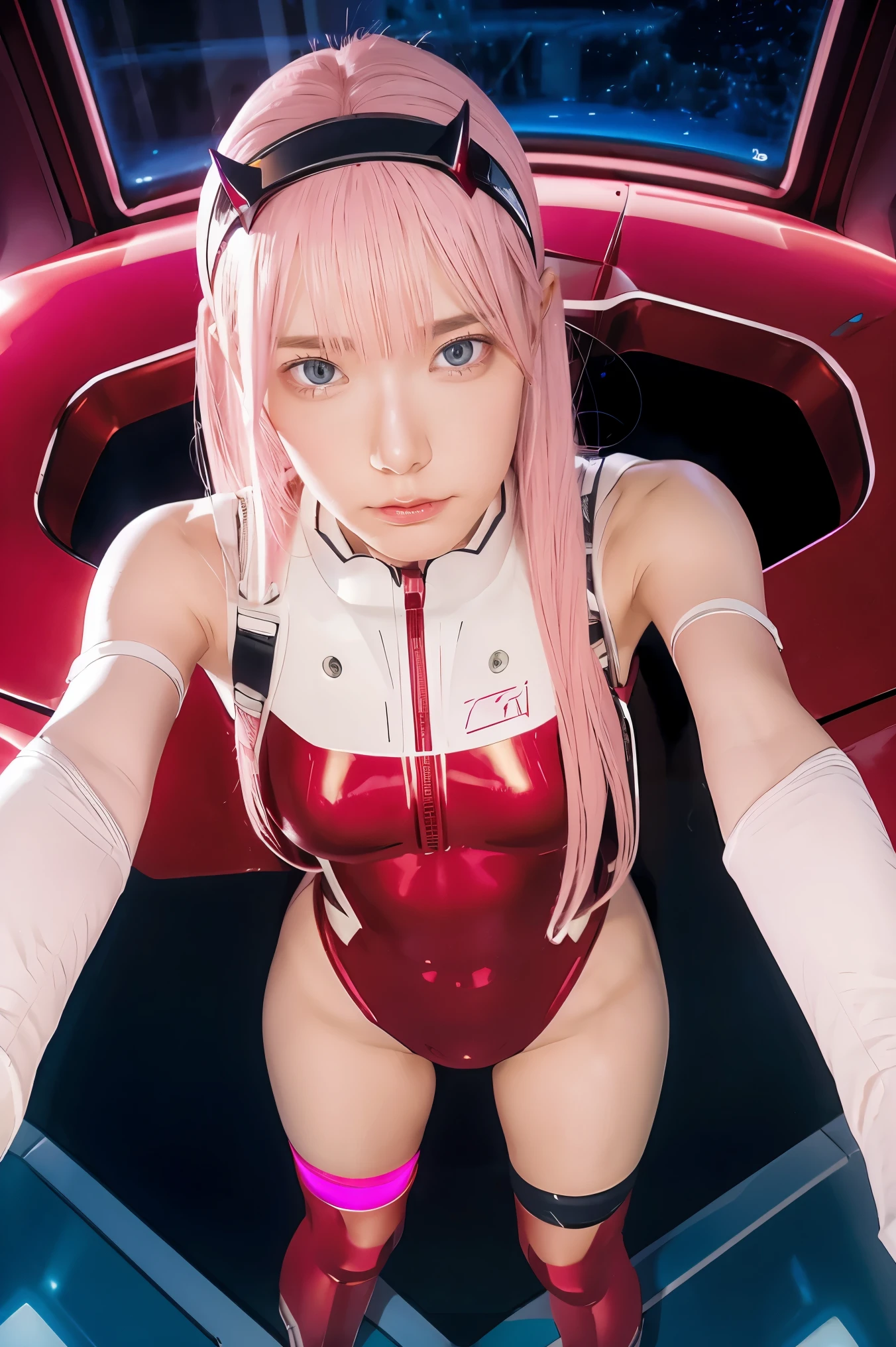 (Overhead view),dynamic angle,ultra-detailed, illustration, straight on, 1girl, ((Zero two, interface headband with a pair of horns, red bodysuit:1.4, pink hair)), Her eyes shone like dreamy stars,(glowing eyes:1.233),(beautiful and detailed eyes:1.1),(expressionless, closed mouth),(standing), (mechanic room with tools and spaceship window in a white SPACESHIP), (night:1.2), dreamy, [[delicate fingers and hands:0.55]::0.85],(detail fingers), smirk,