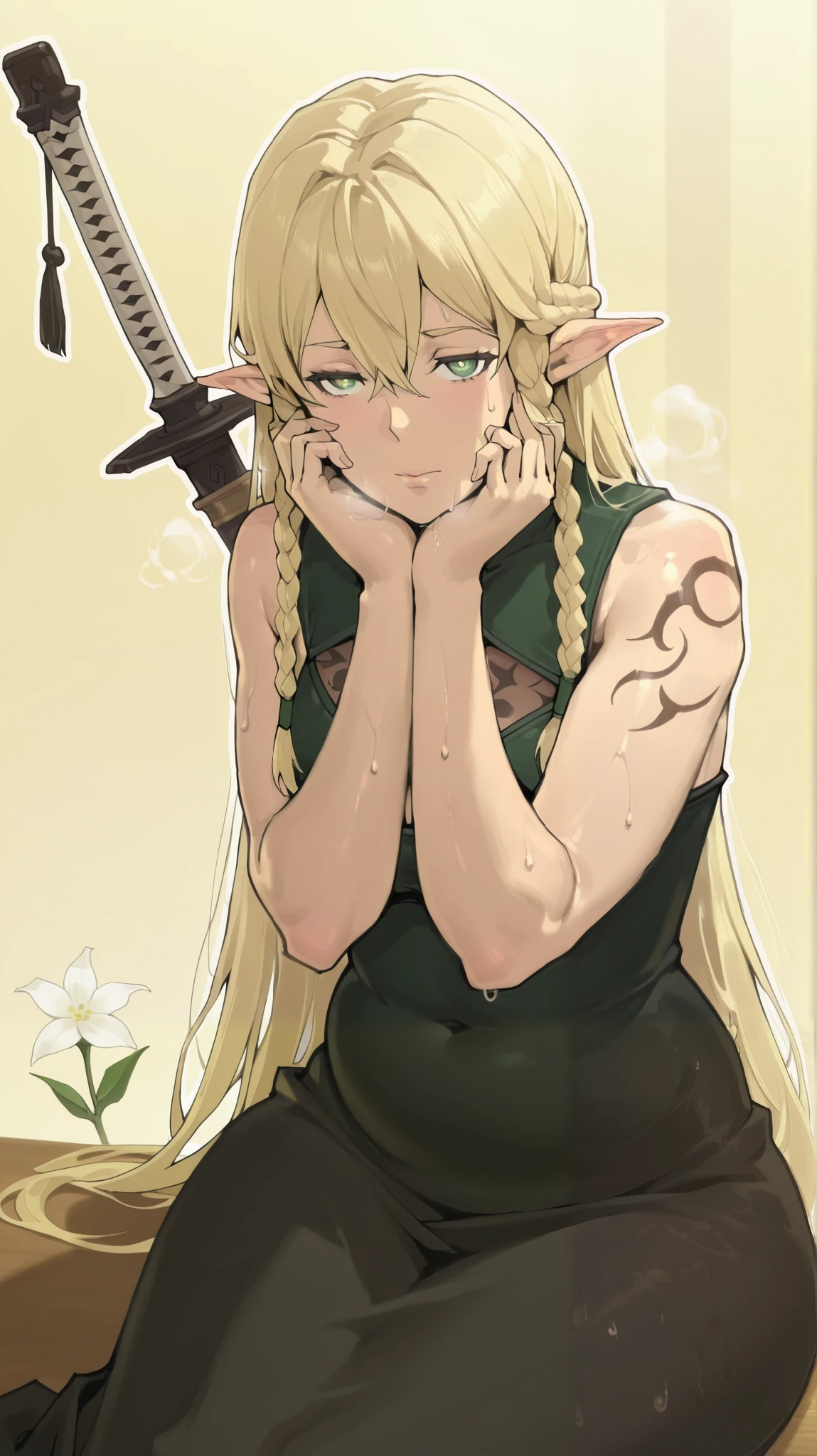 (boingoo yin-style:1.4), (Luxu-style:1.2), anime coloring, anime screencap, masterpiece, high quality, absurdres, best quality, very aesthetic, newest, anatomical correct, HD, 4K, digital art, trending on DeviantArt, gasping, heavy breathing, excessive sweating, sweating, sweating profusely, gasping profusely, cinematic, ((skindentation)), ((voluptuous)), eltolindeill,elf,green eyes,pointy ears,blonde hair,very long hair,braid,twin braids,hair between eyes, bright pupils, (anterdel-style), 1girl, weapon, solo, sword, tattoo, hair_flower, flower, katana, sitting, looking_at_viewer, arm_tattoo, bare_shoulders, head_rest, sheathed, closed_mouth, sheath, japanese_clothes, sleeveless, white_flower, half-closed eyes, ((white outline)), ((plump))