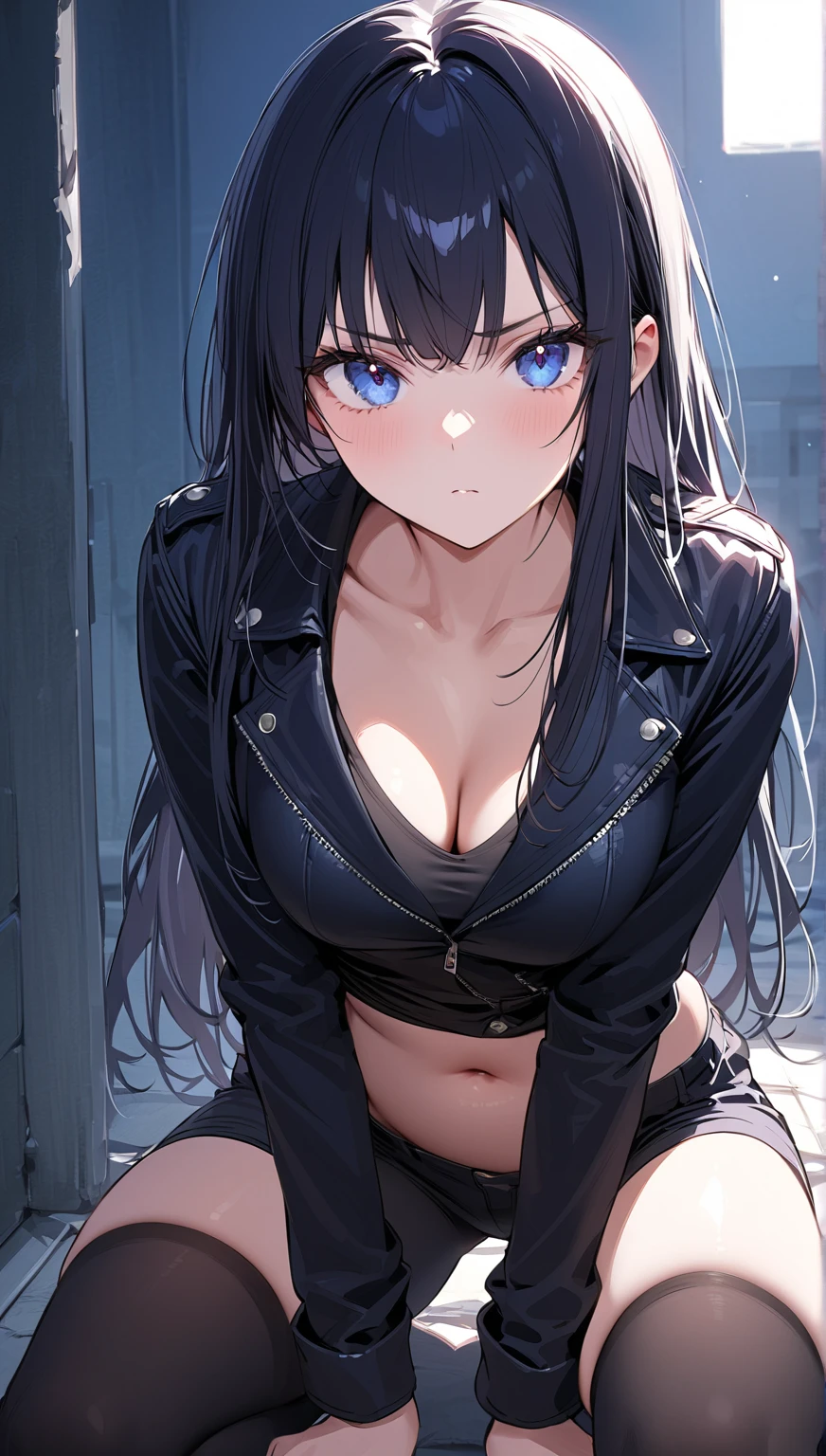 best quality,ultra-detailed,realistic,girl with long black hair,beautiful detailed eyes,sexy lips,off shoulder black jacket,extremely low sweatpants,purple eyes,seductive pose,sitting down,soft lighting,portrait