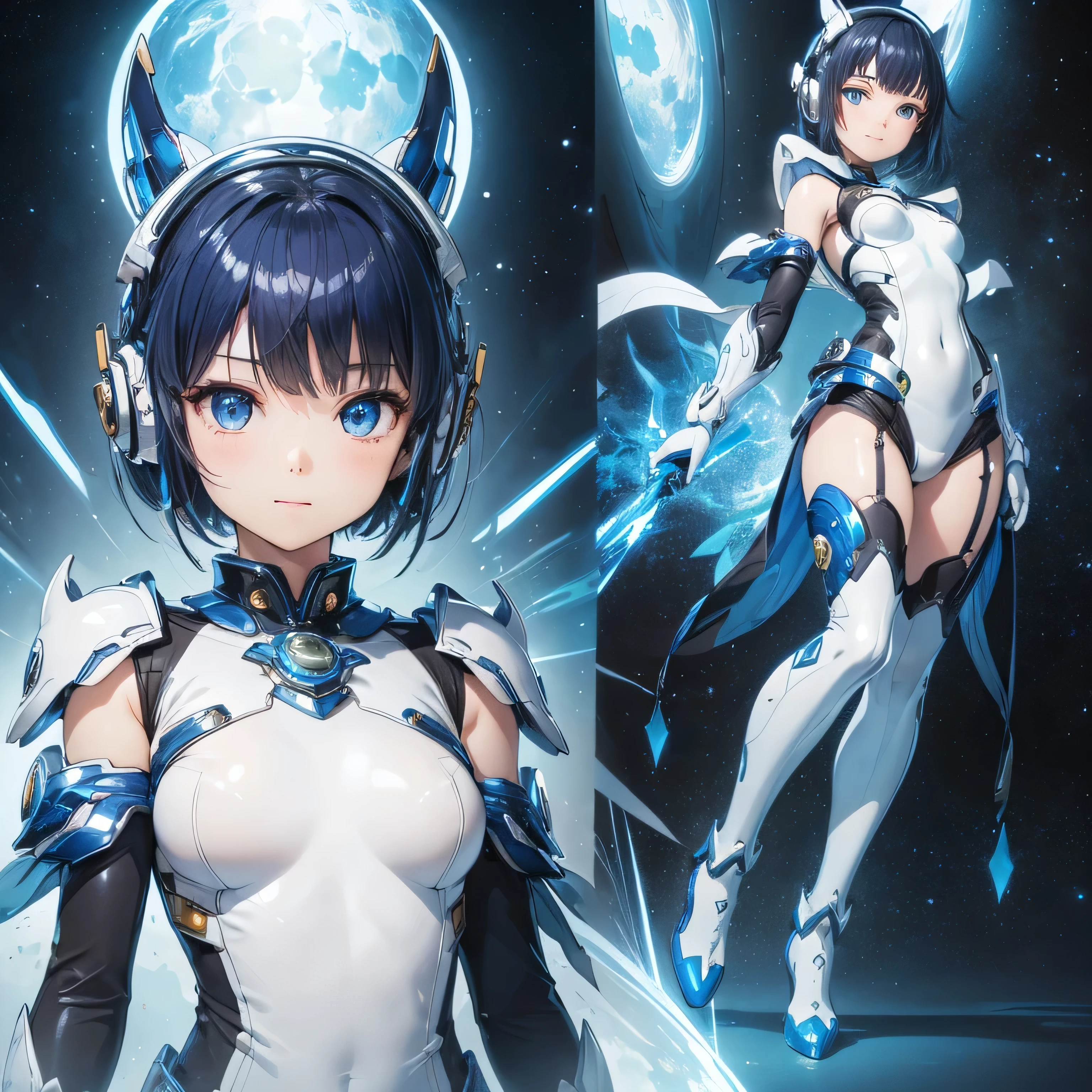 ((Holographic glow effect)),、(masterpiece、Highest quality、Highest Resolution、Clear_image、Detailed details、Angle from above): (Whole body、One 20 year old girl、Japanese Faces、Small Face、Slender、Navy blue super short bob cut hair、(Hidden small breasts:1.3)、Sparkling blue eyes、Shiny pilot suit in blue and black colors、Chest protection armor、Tight fitting clothes、Clothing that covers the whole body、Glamorous clothes、Tight Fit Pants、Hide your skin、Very delicate and beautiful、Detailed Skin、hide thighs、Hide your ass、Cute、A gentle smile、Soft expression、heroine、headset、Knee-high boots、Elbow-length gloves、Eye Level Shot、Face directly、Woman on a spaceship)