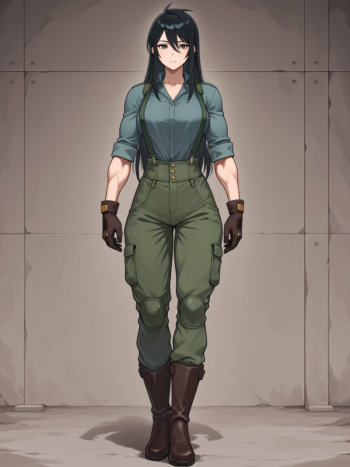 masterpiece, high quality, best quality, 1girl, (muscular female:1.0), (super gigantic breasts:1.0), (closed mouth, half smile), valmet, eyepatch, black hair, long hair, yellow eyes, black compression shirt, black camouflage pants, black belt with gold buckle, black combat boots, anime screencap, anime key visual, (fully clothed:1.0), full body <lora:Valmet:1>
