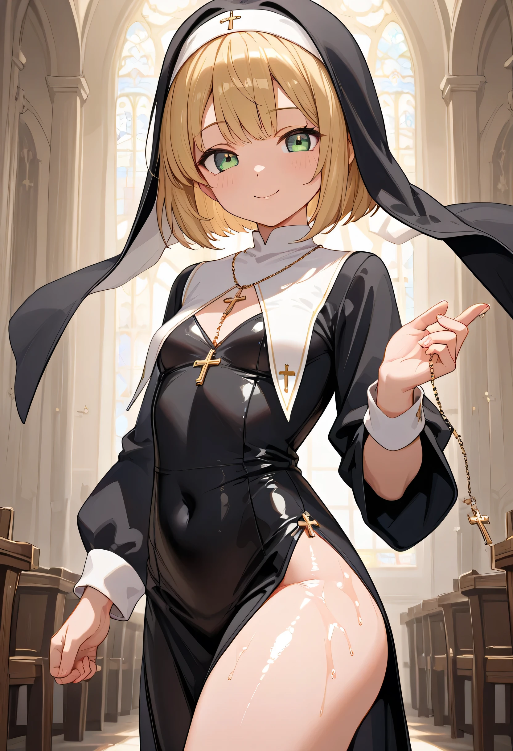 masterpiece, best quality, 1girl, solo, cowboy shot, (bright gold hair:1.2), (bob hair:1.3), green eyes, small breasts, babyface, (nun, black clothes, rosary:1.2), smile, perfect detail, ultra detail, ray tracing, shiny oiled skin, super shiny skin, glossy skin, detailed skin, holding rosary at one hand, rosary held in front of body, church, handfixer,