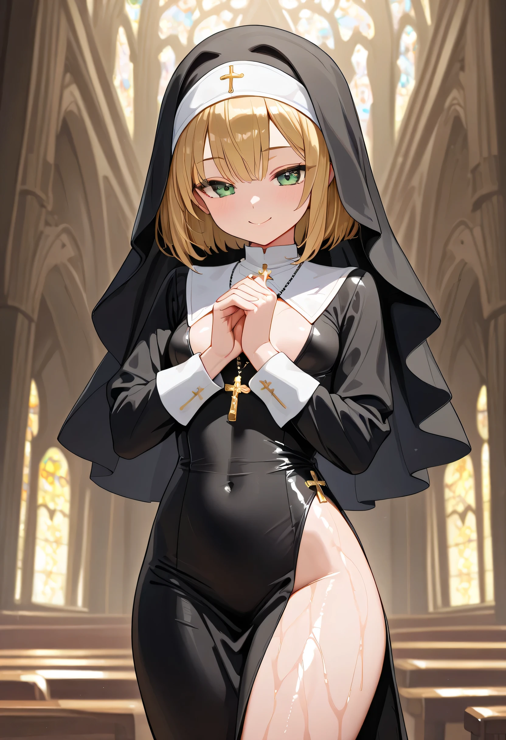 masterpiece, best quality, 1girl, solo, cowboy shot, (bright gold hair:1.2), (bob hair:1.3), green eyes, small breasts, babyface, (nun, black clothes, rosary:1.2), smile, perfect detail, ultra detail, ray tracing, shiny oiled skin, super shiny skin, glossy skin, detailed skin, holding rosary at one hand, rosary held in front of body, church, handfixer,