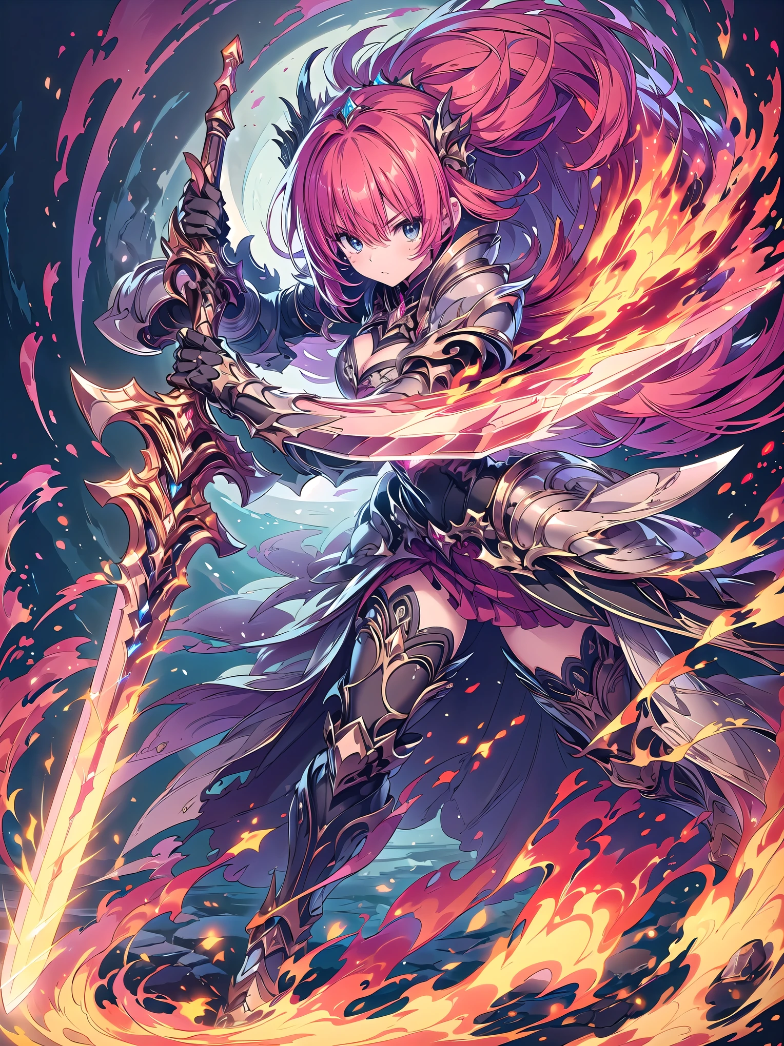 (((masterpiece, best quality, high detailed, 16k))) fantasy art, Female in metal armor holding a perfect sword, ((sword of flame)), ((close-up of sword)), (huge sword), PlantedSword, pink dress, white armor, cropped shoulders armor, plate armor, armor dress, gauntlets, red hair, long hair, tiara, cleavage, thighs, thigh highs, glaring, weapon, (sword:1.3), full moon, (detailed face), (detailed eyes), ((full body front view)), (extremely detailed:1.5)