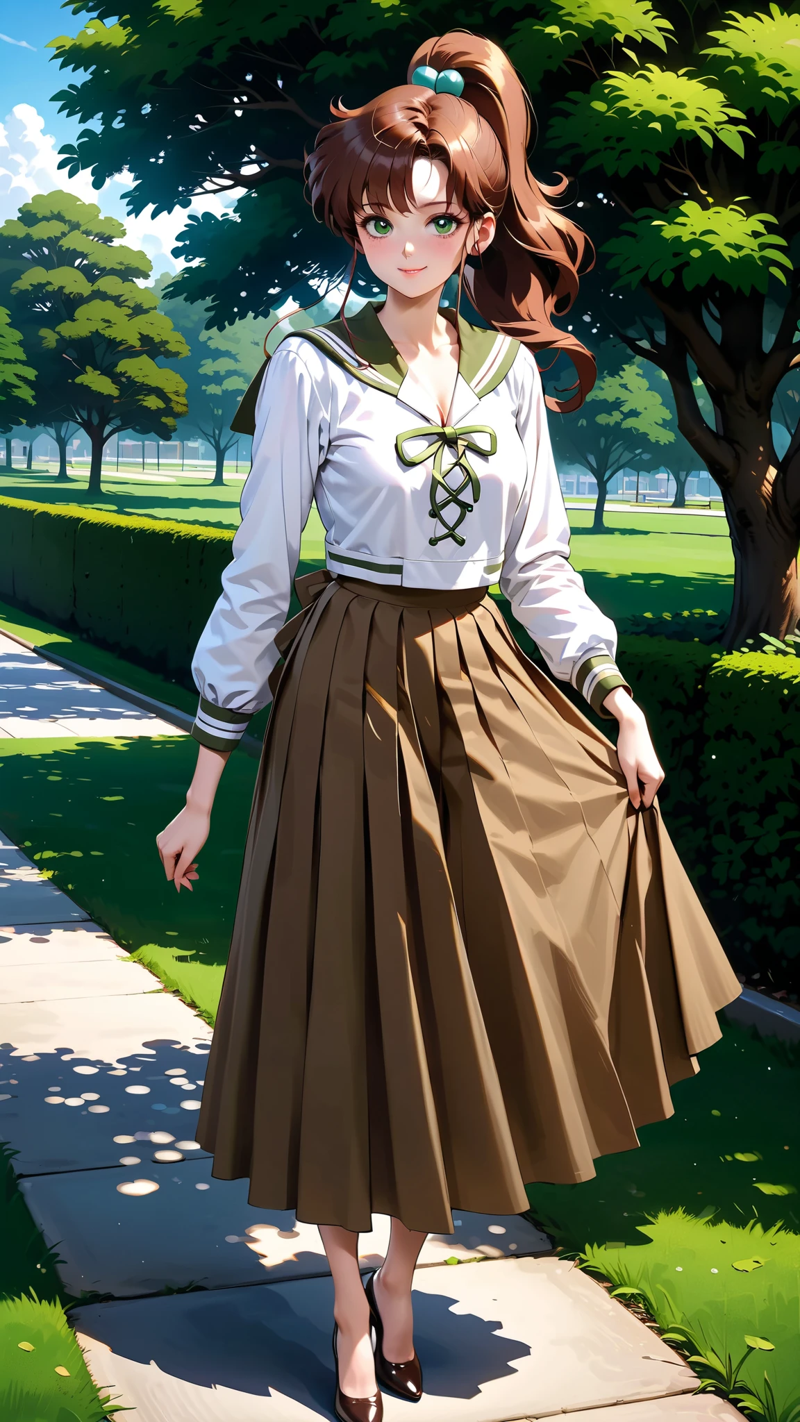 masterpiece, best quality, very aesthetic, ultra detailed), intricate details, solo, aajupiter, long hair, ponytail, hair bobbles, green eyes, serafuku, brown sailor collar, white shirt, long sleeves, long skirt, brown skirt, shiny skin, smile, posing full body, looking at viewer, outdoors, school park, perfect anatomy, smug, Enchanting Eyes, focus drawn to eyes, highly detailed eyes, realism