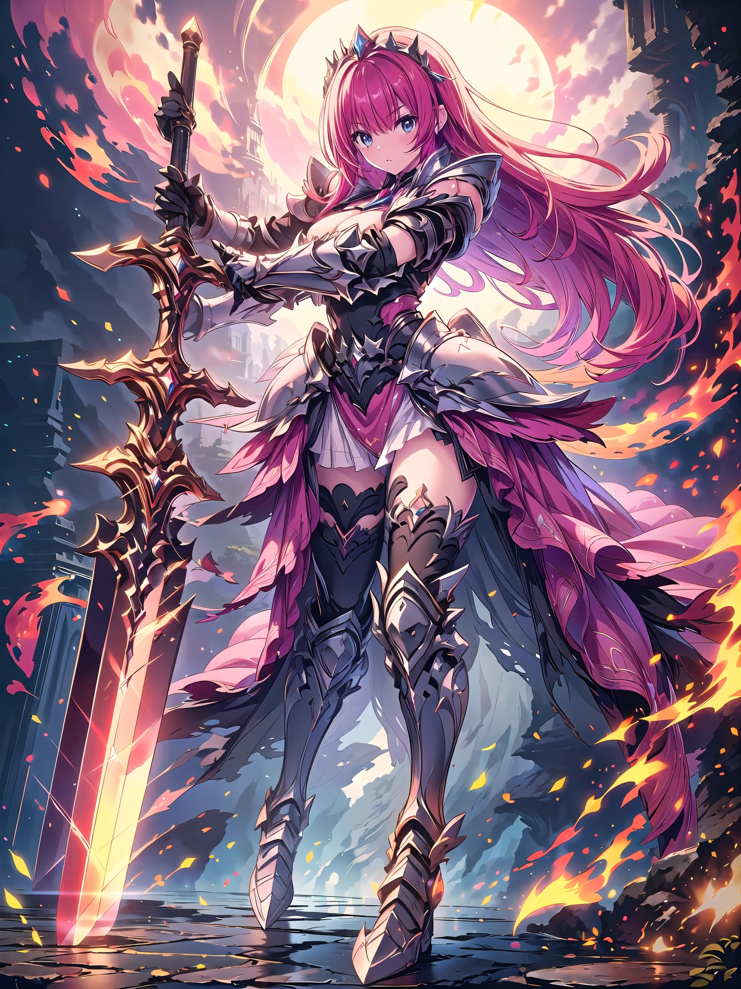 Anime girl with sword and armor in front of a full moon - SeaArt AI