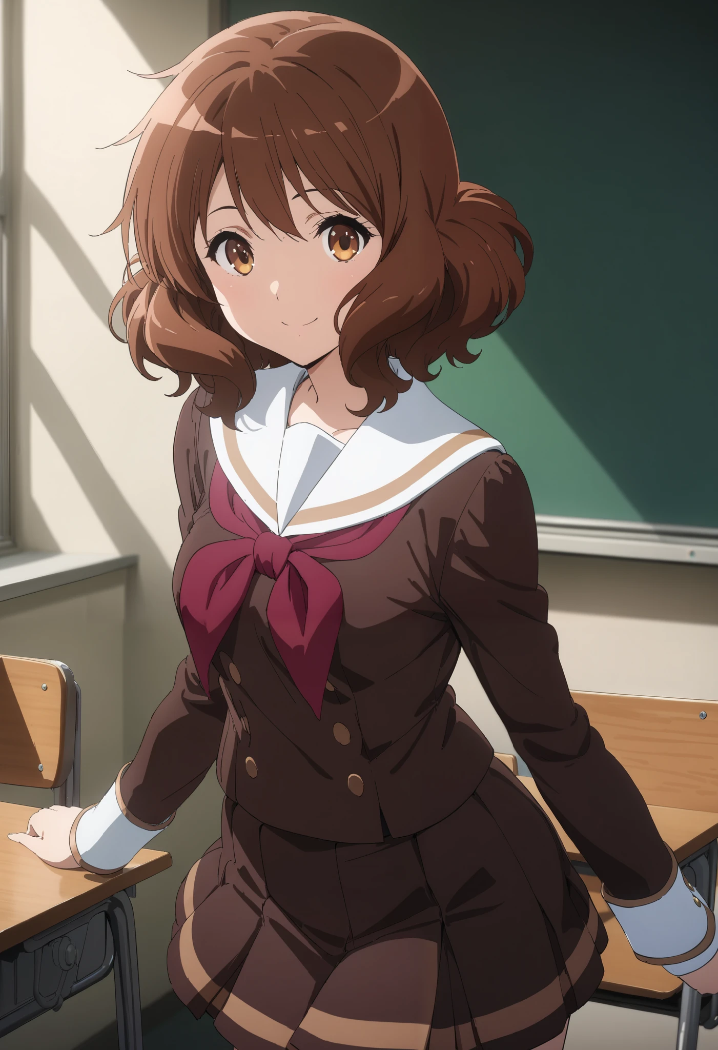 masterpiece, best quality, ultra detailed, highres,4k, 1girl, solo, oumaekumiko, brown hair,brown eyes,short hair, kitauji high school uniform, red neckwear, brown pleated miniskirt, white sailor collar, buttons, long sleeves, smile, cowboy shot, euphoniumcharacter, classroom