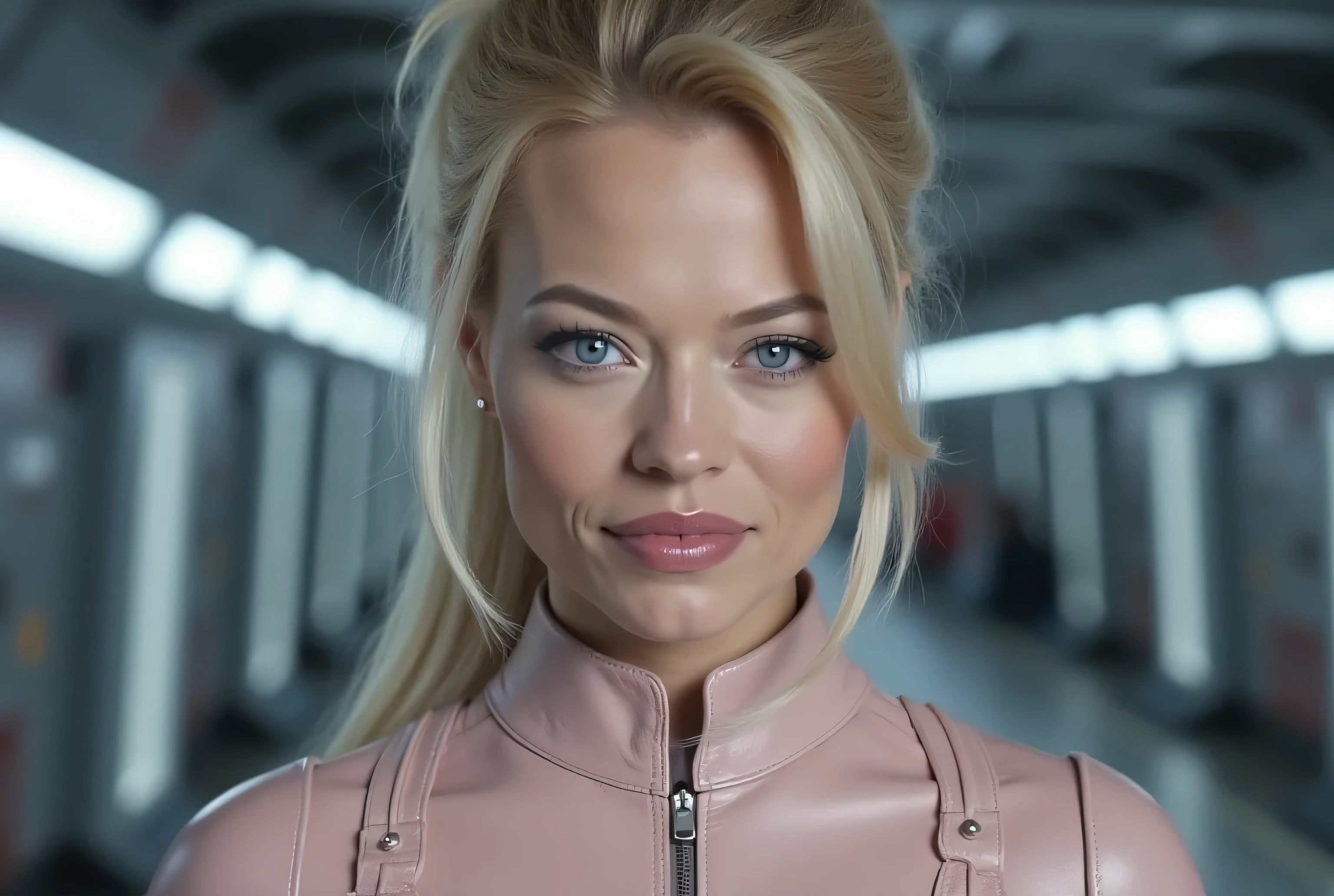image of battle-ready space girl, Jeri Ryan Beautiful blonde cybernetic woman standing in an industrial looking spaceship corridor, white-blonde hair in a messy bun style with ponytail, modeling pose, fitted pastel rose gold leather space uniform, beautiful almond-shaped ice-blue eyes, evocative makeup, false eyelashes, matching lipstick,