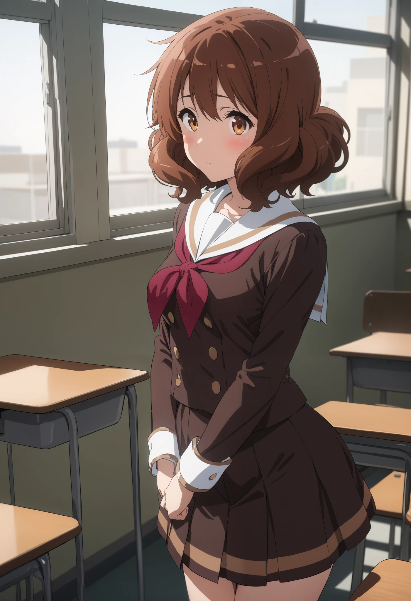 masterpiece, best quality, ultra detailed, highres,4k, 1girl, solo, oumaekumiko, brown hair,brown eyes,short hair, kitauji high school uniform, red neckwear, brown pleated miniskirt, white sailor collar, buttons, long sleeves, blush, cowboy shot, euphoniumcharacter, classroom, arms behind her back