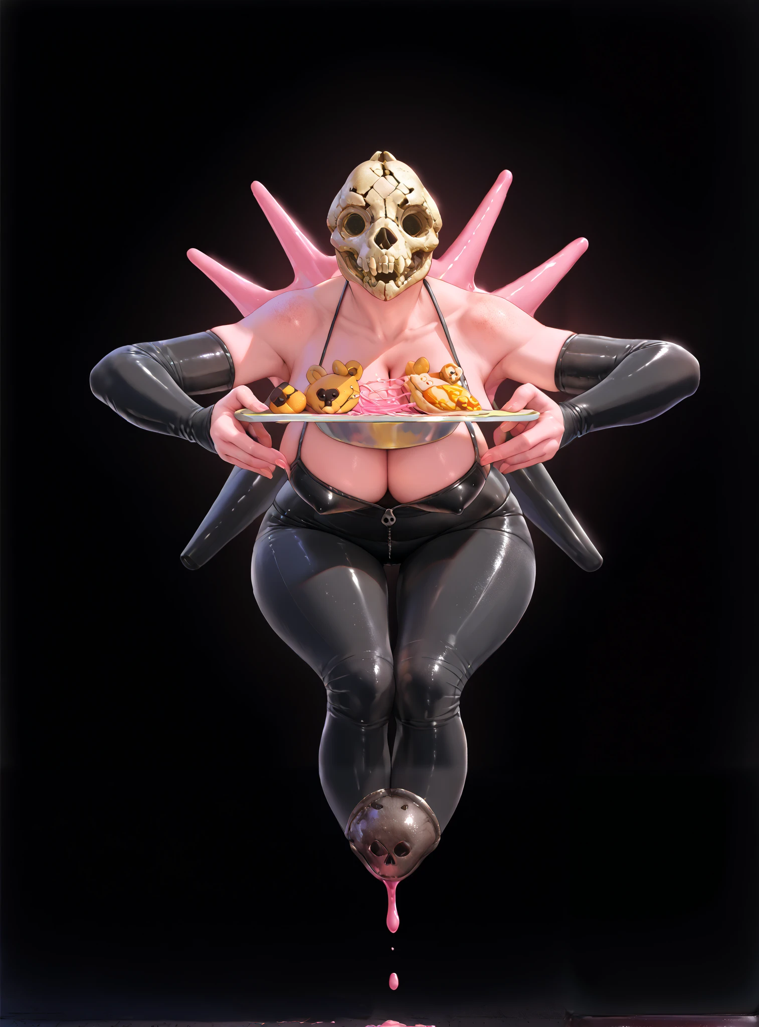2 black latex hands unzipping a latex head revealing a pink color skull, latex head, skull is zoomed in, revealing parts of brain dripping pink liquid, dirty old pink fur teddy bear aesthetics, one arm is floating, Rusty license plate on forehead of skull, rectangular metal license plate on forehead. License plate has empty space on surface, detailed borders on license plate, breasts shape, cleavage showing, latex bikini top