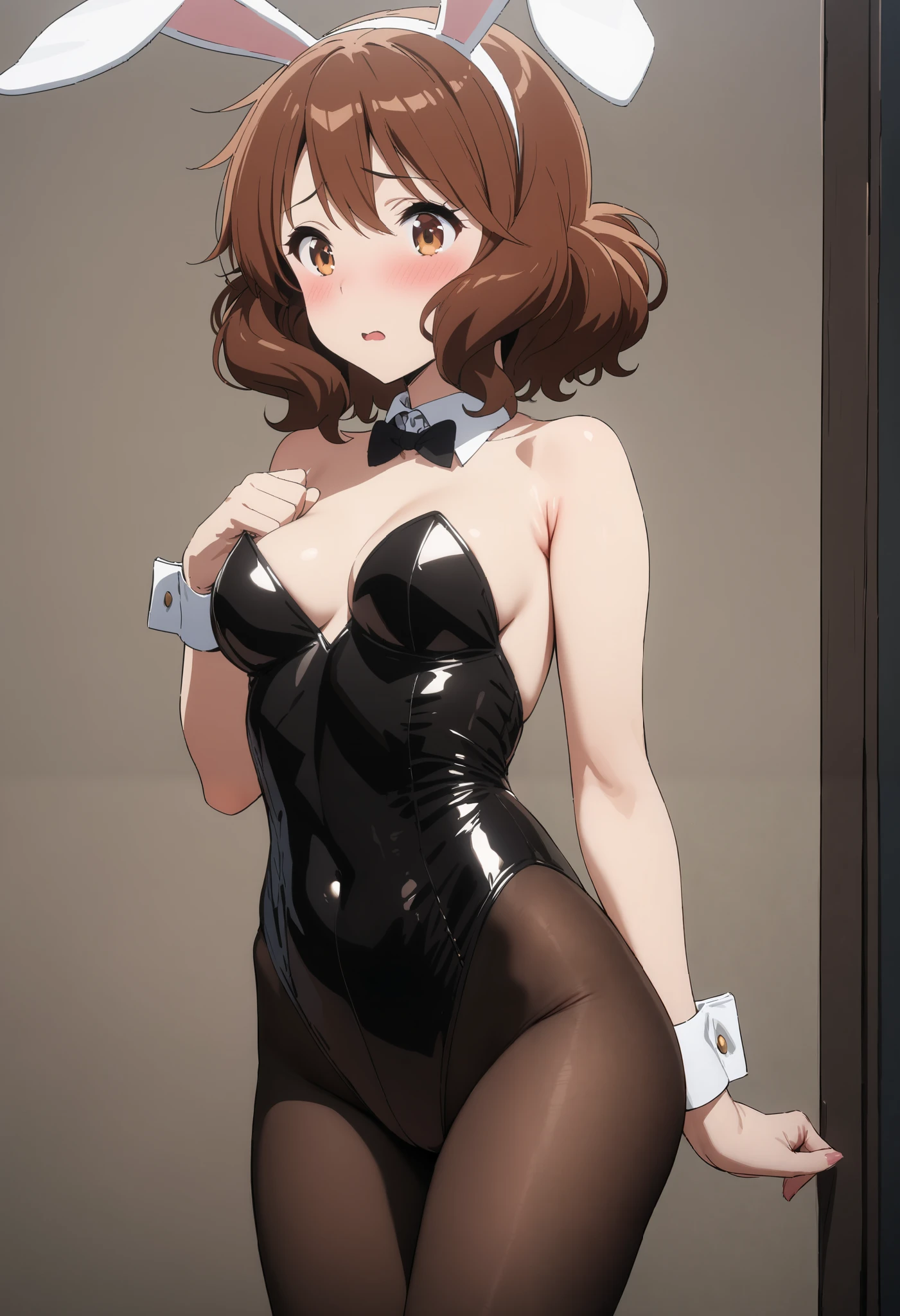 ((best quality)), ((masterpiece)), (detailed), Undertale Chara, brown hair, (brown shorts: 1.3), bob cut, short hair, black pantyhose, (green shirt: 1.3), red eyes, (1girl: 1.3), (solo: 1.3), stripes, striped shirt tetas con una altura de 2 y 1.0 centimeters y un grosor de 1.0 centimeters (black bunny suit, black bunny ears, pantyhose:1.2), (best quality, 4k, 8k, highres, masterpiece:1.2), ultra-detailed, (realistic, photorealistic, photo-realistic:1.37), HDR, UHD, studio lighting, ultra-fine painting, sharp focus, physically-based rendering, extreme detail description, professional, vivid colors, bokeh, portraitysterious, dark:0.9) background, (soft, gentle:1.1) lighting