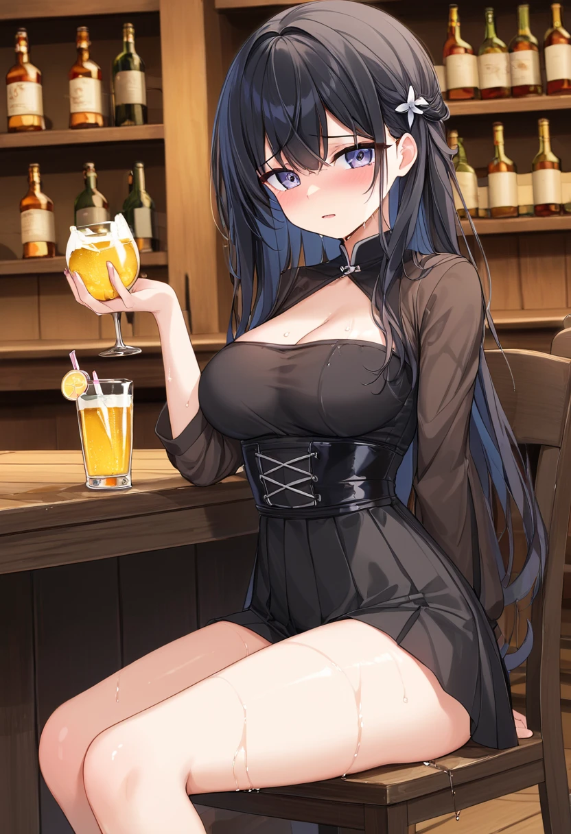 masterpiece), (best quality), (Clear focus), (Depth of Field), (woman): Solitary, (Perfect face), (Detailed clothing), (Busty),(Sad expression), beautiful woman, blue eyes, whole body, black hair, Slightly curly long hair, (Black sexy dress，Penetrate the flesh) (((((Night scene background))))), (((at the bar))), wine, whiskey, High ball,(Shiny and glowing, Effect:1.2)，(best quality, 4K, high resolution, masterpiece:1.2, Extremely detailed），Large Breasts,30 years old girl,独奏,black hair,long hair,blue eyes,(drunk,blush),sitting,drinking,((Mature sexy body))，Black stockings，Black tight skirt, Mature sexy body,holding mug,counter,pub,(Fashion bar) indoors, ((Cocktail Glass) Full of colorful wine), (dimly light room), Wine Bottle, Detailed background