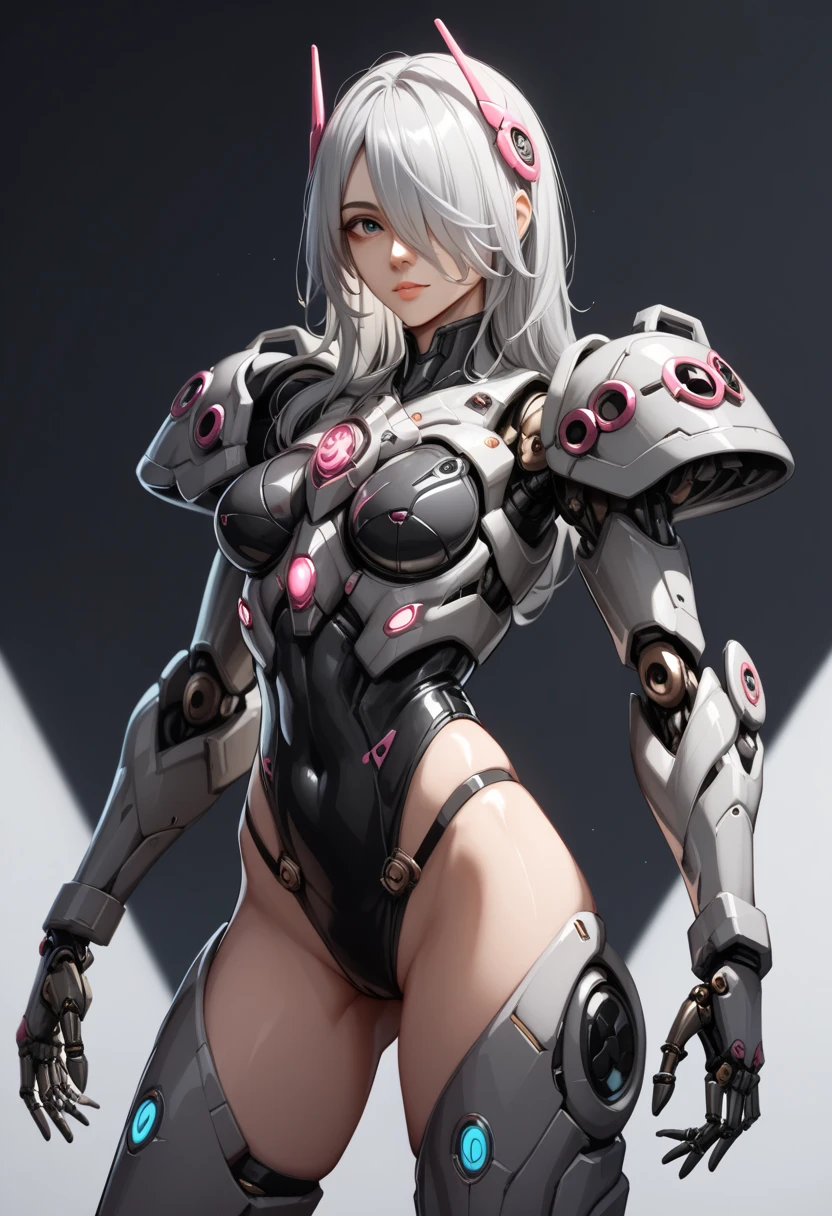 Anime girl with blue eyes and gray hair with red frame, oppai proportions, oppai, Flat anime style shading, biomechanical oppai, Upper half of the body, shoulders can be seen, extra detailed body, semi realistic anime, large breasts size, sideboob barbosa, upper body closeup, upper torso included, cel shaded anime, with a big chest