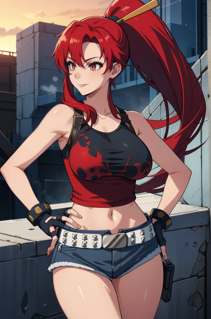 1girl, cute, sexy, red hair, cowboy shot, solo, revy, evil smile, holding gun, handgun, pistol, ponytail, tank top, fingerless gloves, denim shorts, holster, belt, newest