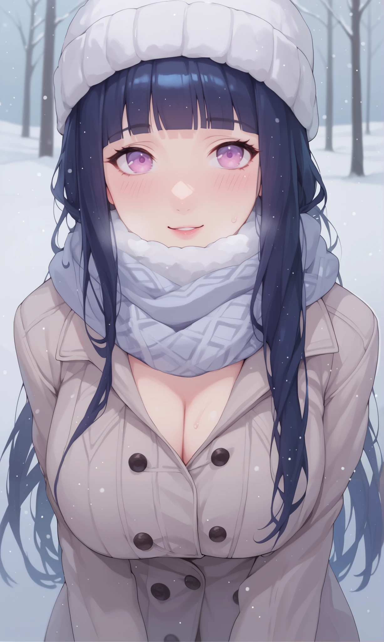 (masterpiece:1.37), best quality, (extremely detailed:1.37), (1girl:1.5), woman, (mature:1.5), (adult:1.5), large breasts, very long hair, (straight hair:1.5), (very dark purple hair:1.5), purple eyes, (extremely detailed eyes:1.37), sweater, scarf, jeans, desperation, (wetting self:1.5), standing, embarrassed, humiliation, blushing, angry, town, snowing, street, golden hour