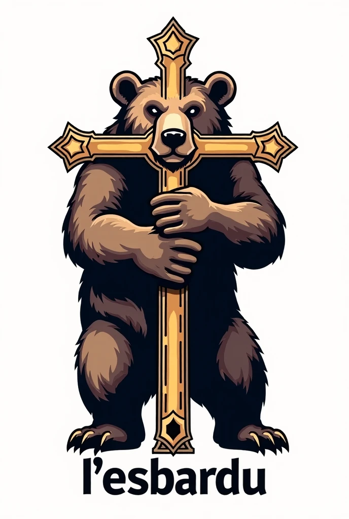 Creates a logo for an association of pin collectors with the text "L'esbardu" where a bear holds a large Gothic cross in its arms