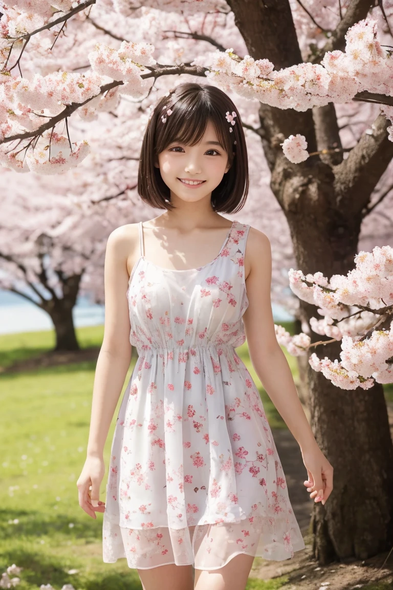 Best-quality, Masterpiece, Ultra-High-Resolution, (Photorealistic:1.4), Raw-Photo, cowboy-shot, upturned ass, 1girl, 15-years-old, the most famous Japanese-idol, wearing light-pink casual-dress with cute patterned, (extremely cute face like the most popular Japanese idol, ((extremely cute big-eyes)), extremely cute very-short-cut-haired, extremely beautiful skins), extremely beautiful skinny-body, innocent-smile