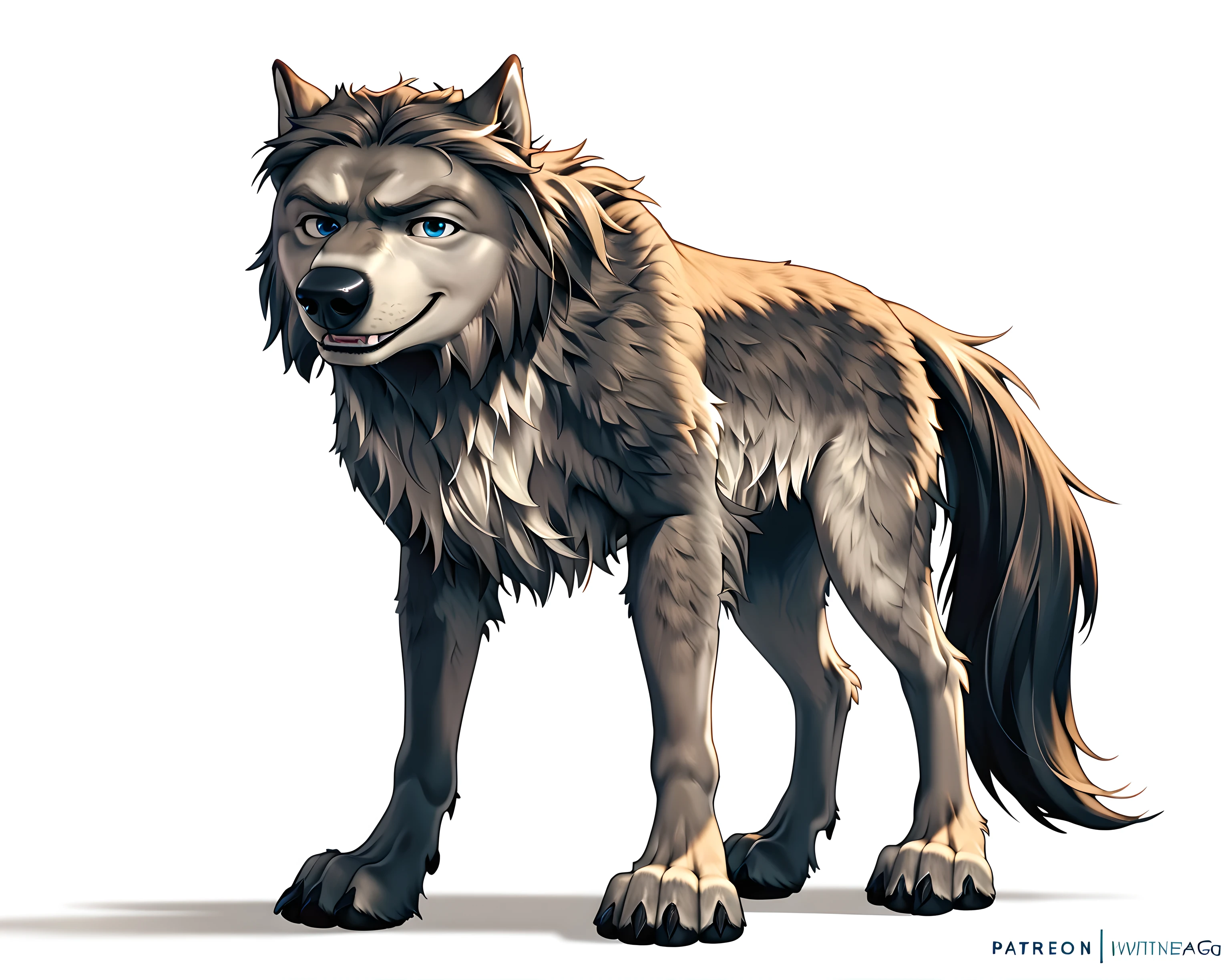 WinstonAO, full view, full body, looking at viewer, feral, wolf, old wolf, male, blue eyes, tail, solo, (white background, simple background), proud, standing tall, strong body, muscular, muscular forelegs, muscular hindlegs, subtle smile, looking at viewer