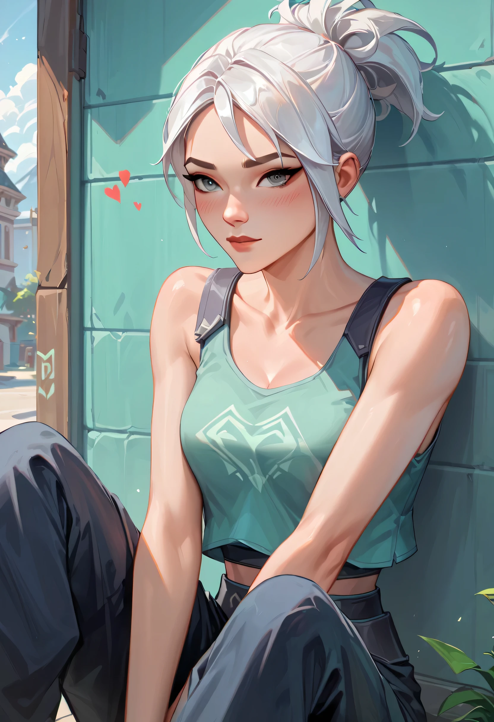 score_9, score_8_up, score_7_up,source_anime, high res image,masterpiece,best quality,girl,cute face,clear skin,jett_valorant,white hair,tanktop,blushes,