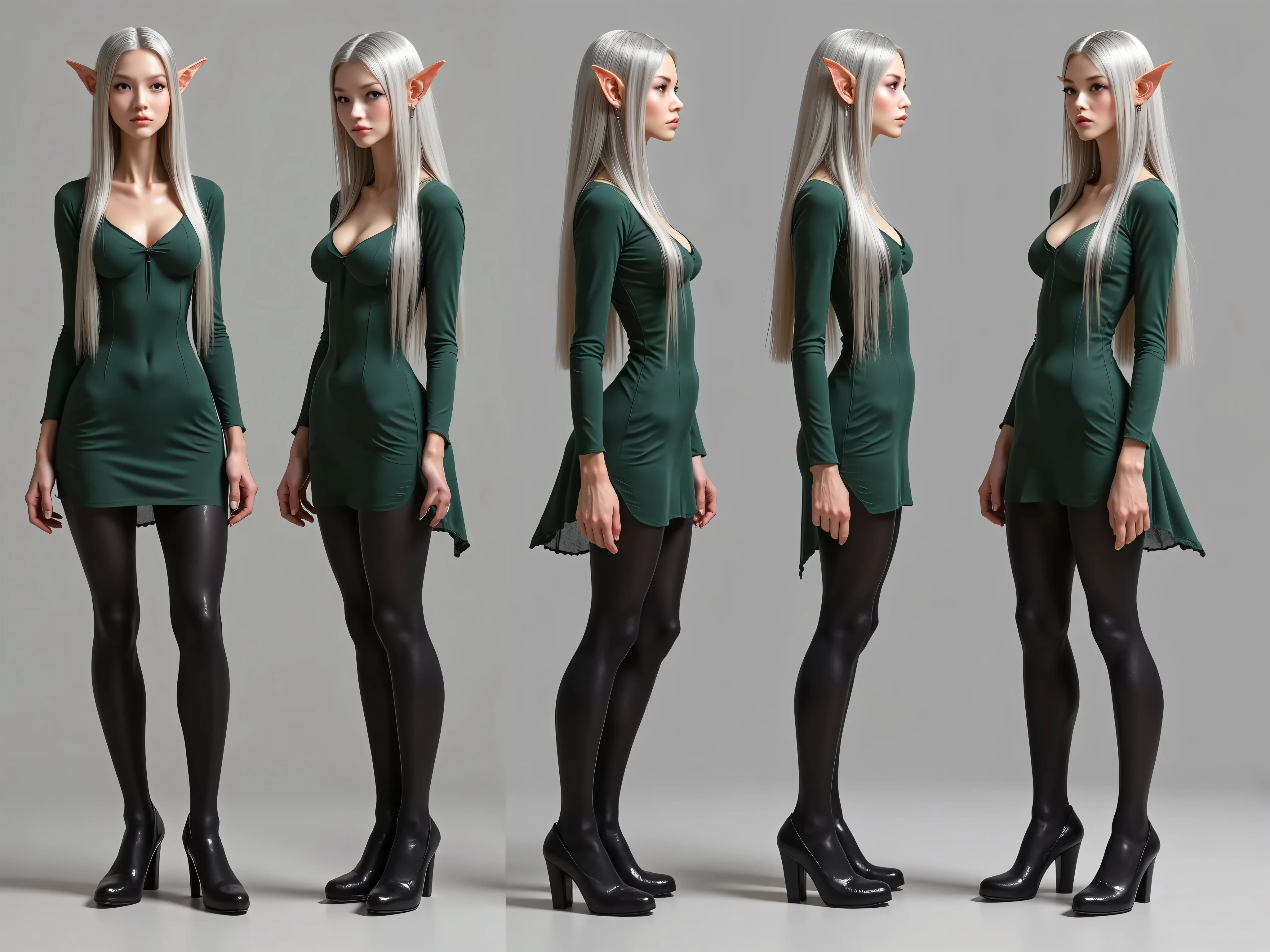 5 poses, The same very tall elf woman, long gray and straight hair , tall with extended neck and legs, standing full-length image, it's elongated, broad shoulders, pale skin, slightly muscular , stands straight, legs shoulder width apart in five poses, 1 front view, 2 side view, 3 back view , 4 side view . 5, the species squats with her legs spread slightly apart, Dressed in a dark green satin shower, black satin lace panties, wearing black high-heeled shoes, stands on a gray background .