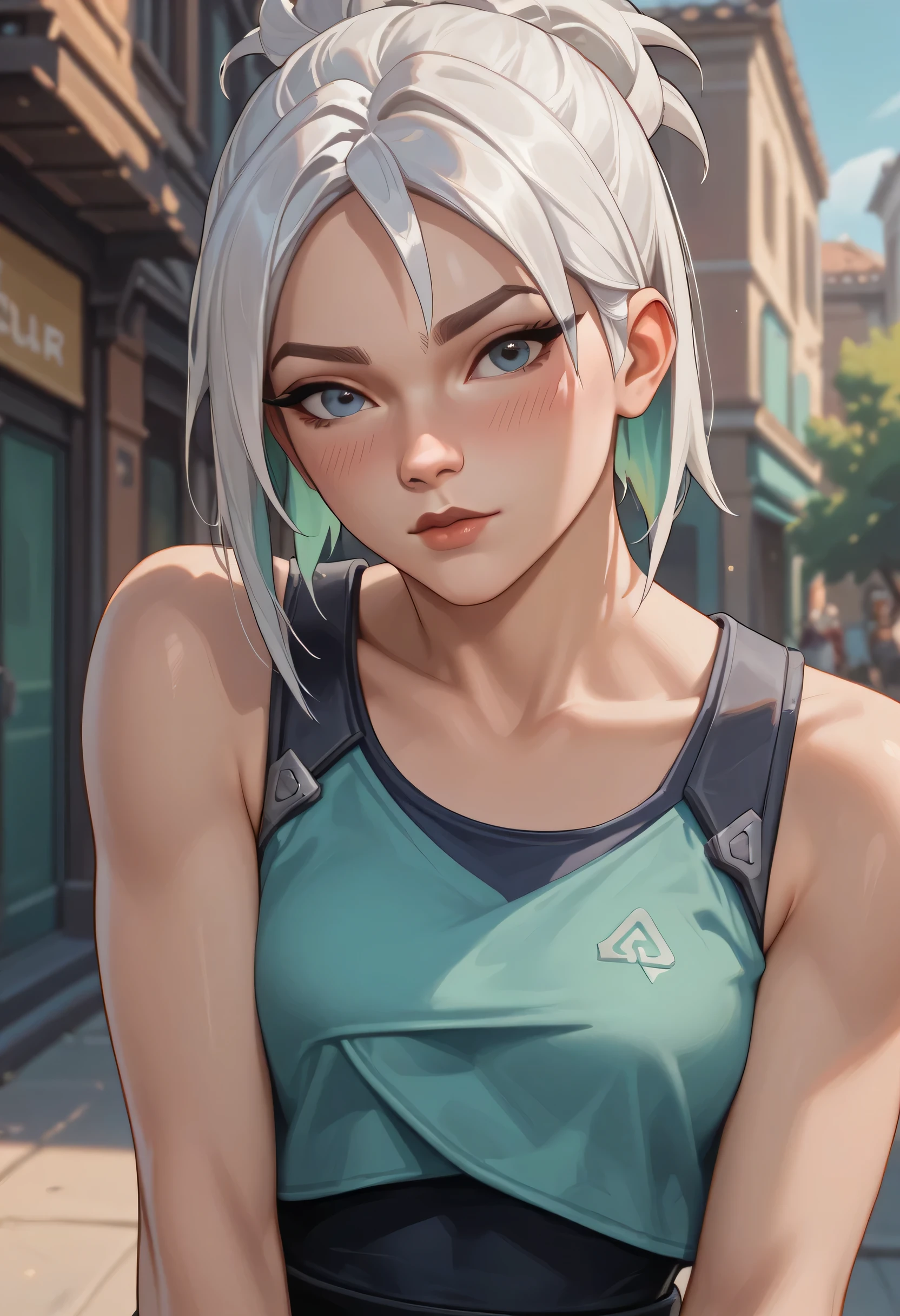 score_9, score_8_up, score_7_up,source_anime, high res image,masterpiece,best quality,girl,cute face,clear skin,jett_valorant,white hair,tanktop,blushes,