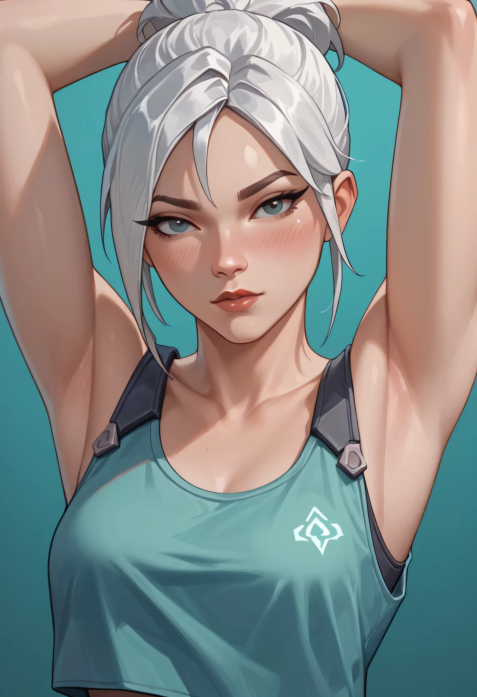 score_9, score_8_up, score_7_up,source_anime, high res image,masterpiece,best quality,girl,cute face,clear skin,jett_valorant,white hair,tanktop,blushes,armpit,seductive,