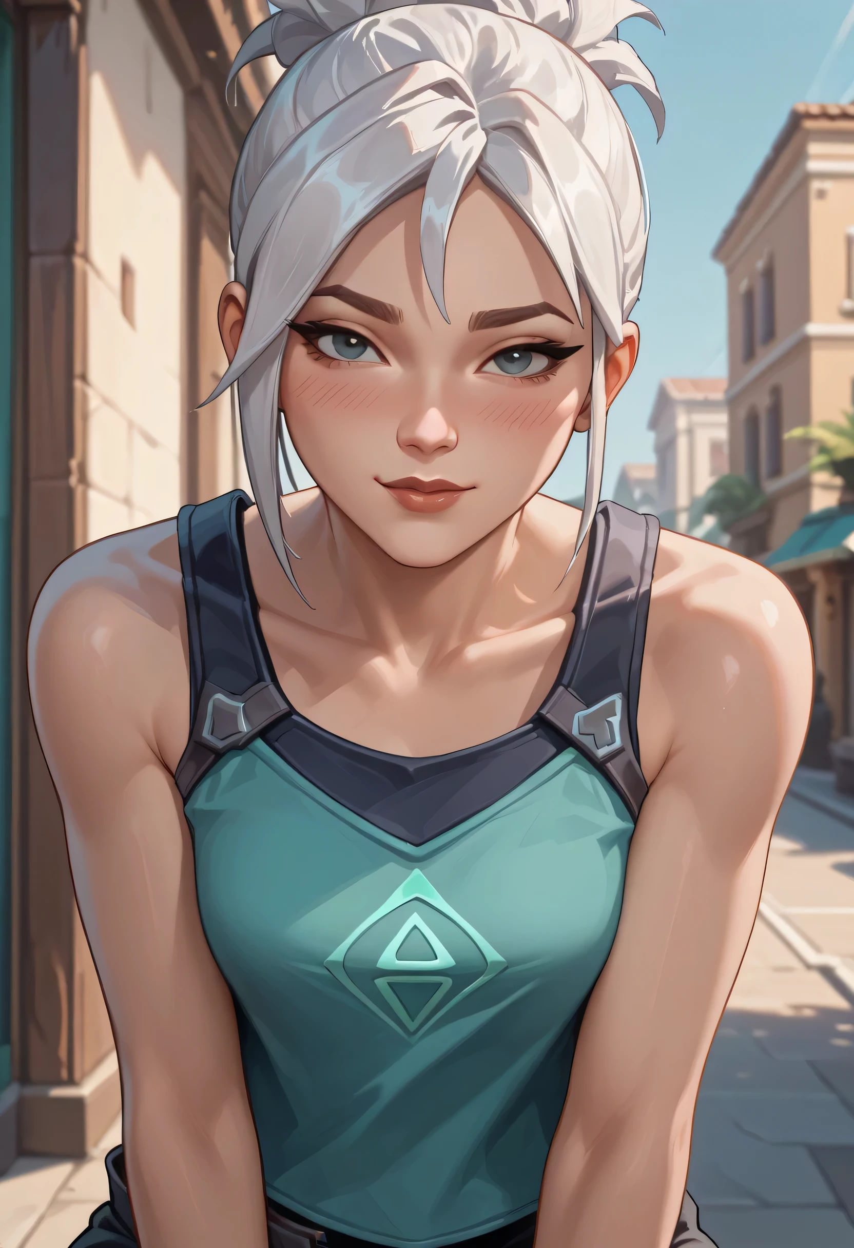 score_9, score_8_up, score_7_up,source_anime, high res image,masterpiece,best quality,girl,cute face,clear skin,jett_valorant,white hair,tanktop,blushes,seductive,shy smile,