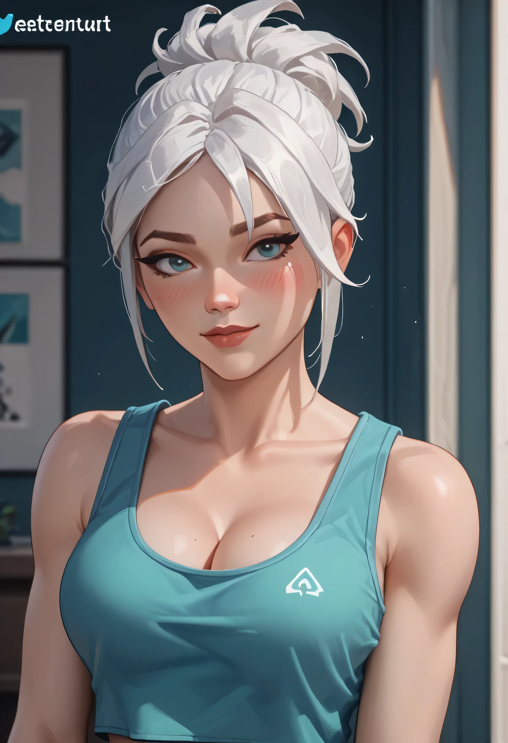 score_9, score_8_up, score_7_up,source_anime, high res image,masterpiece,best quality,girl,cute face,clear skin,jett_valorant,white hair,tanktop,blushes,seductive,shy smile,cleavage,implant breast,