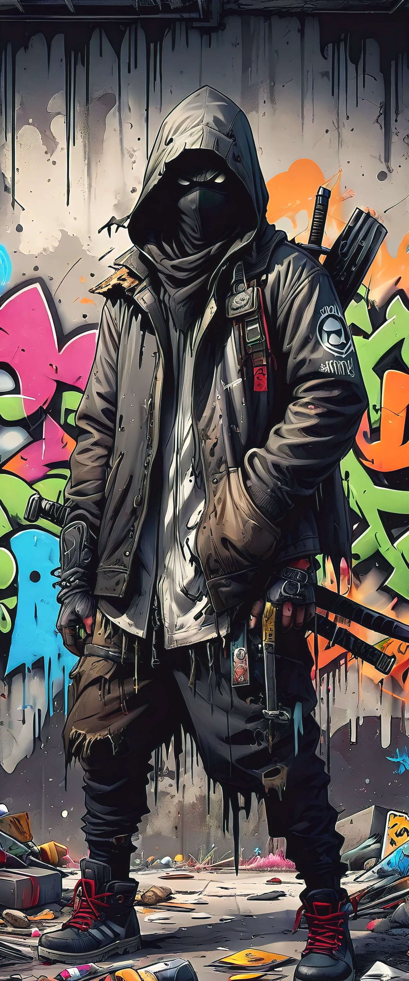 ((Post-apocalyptic wasteland, abandoned place, rubble, destruction, graffiti of destroyed buildings on walls:1.5)), ((dark monsters, tattered clothes with hood and weapons, dynamic pose, epic:1.6)), ((dark background, stormy night:1.4)), (Masterpiece),(best quality:1.4), (ultra high resolution:1.4), detailed painting, (((dark colors, red, green, yellow, intricate:1.5) ), (( Post-Apocalyptic:1.4 )), (( best quality, vibrant, 32K, well-defined highlights and shadows without text:1.3).