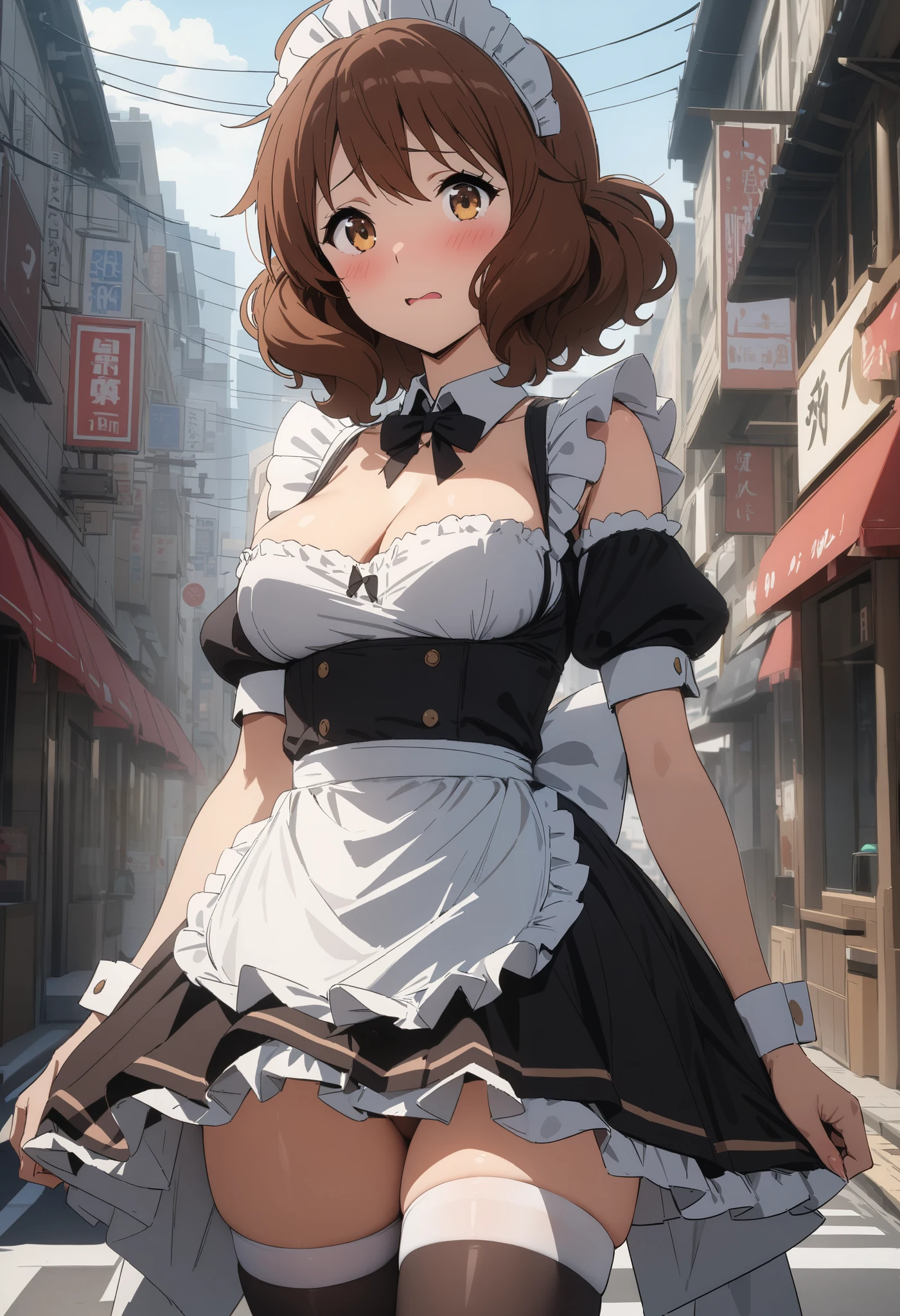masterpiece, best quality, ultra detailed, highres,4k, 1girl, solo, oumaekumiko, brown hair, brown eyes, short hair, city street, maid, maid apron, detached collar, cleavage, thigh highs, blush, embarassed