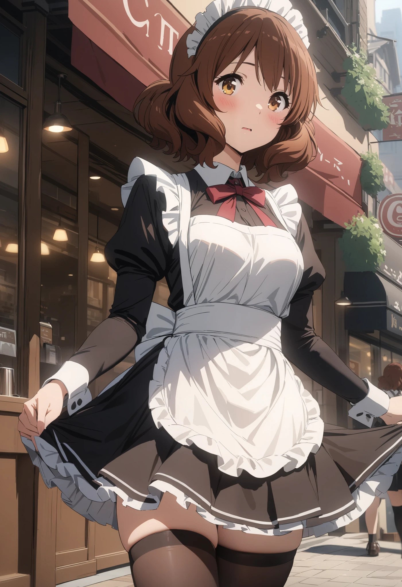 masterpiece, best quality, ultra detailed, highres,4k, 1girl, solo, oumaekumiko, brown hair, brown eyes, short hair, city street, maid, maid apron, thigh highs, blush, cafe