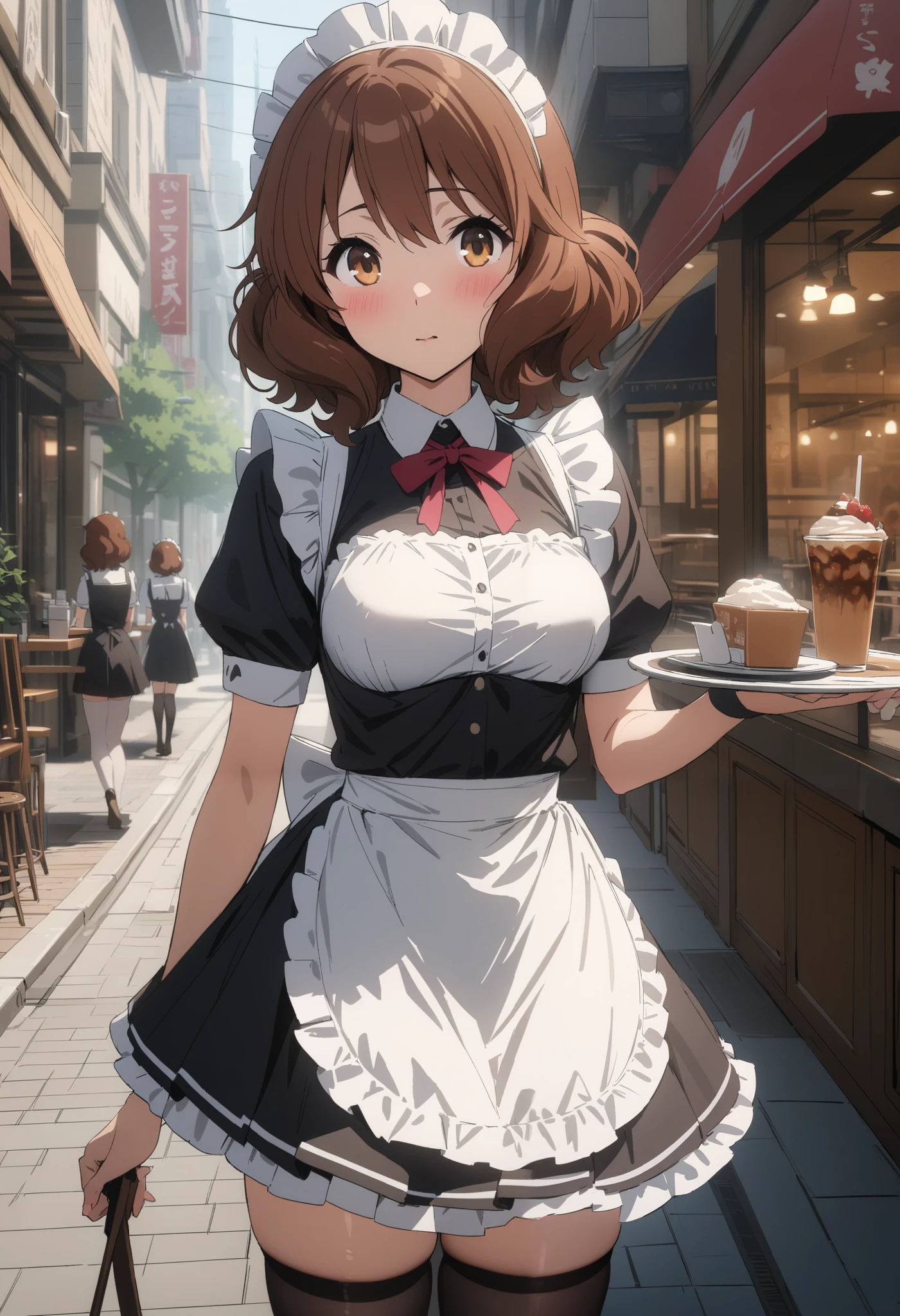 masterpiece, best quality, ultra detailed, highres,4k, 1girl, solo, oumaekumiko, brown hair, brown eyes, short hair, city street, maid, maid apron, thigh highs, blush, cafe